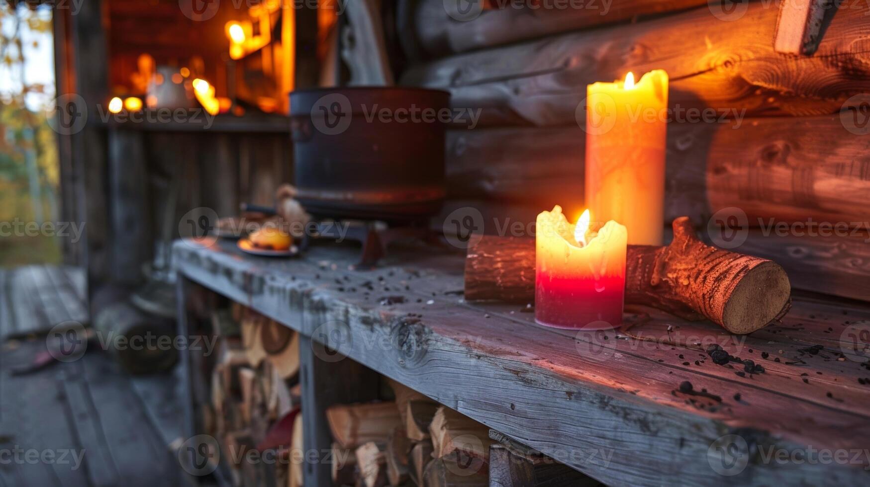 Flashes of orange and crimson from the candles and the firewood add a touch of color to the rustic wooden cooking setup. 2d flat cartoon photo