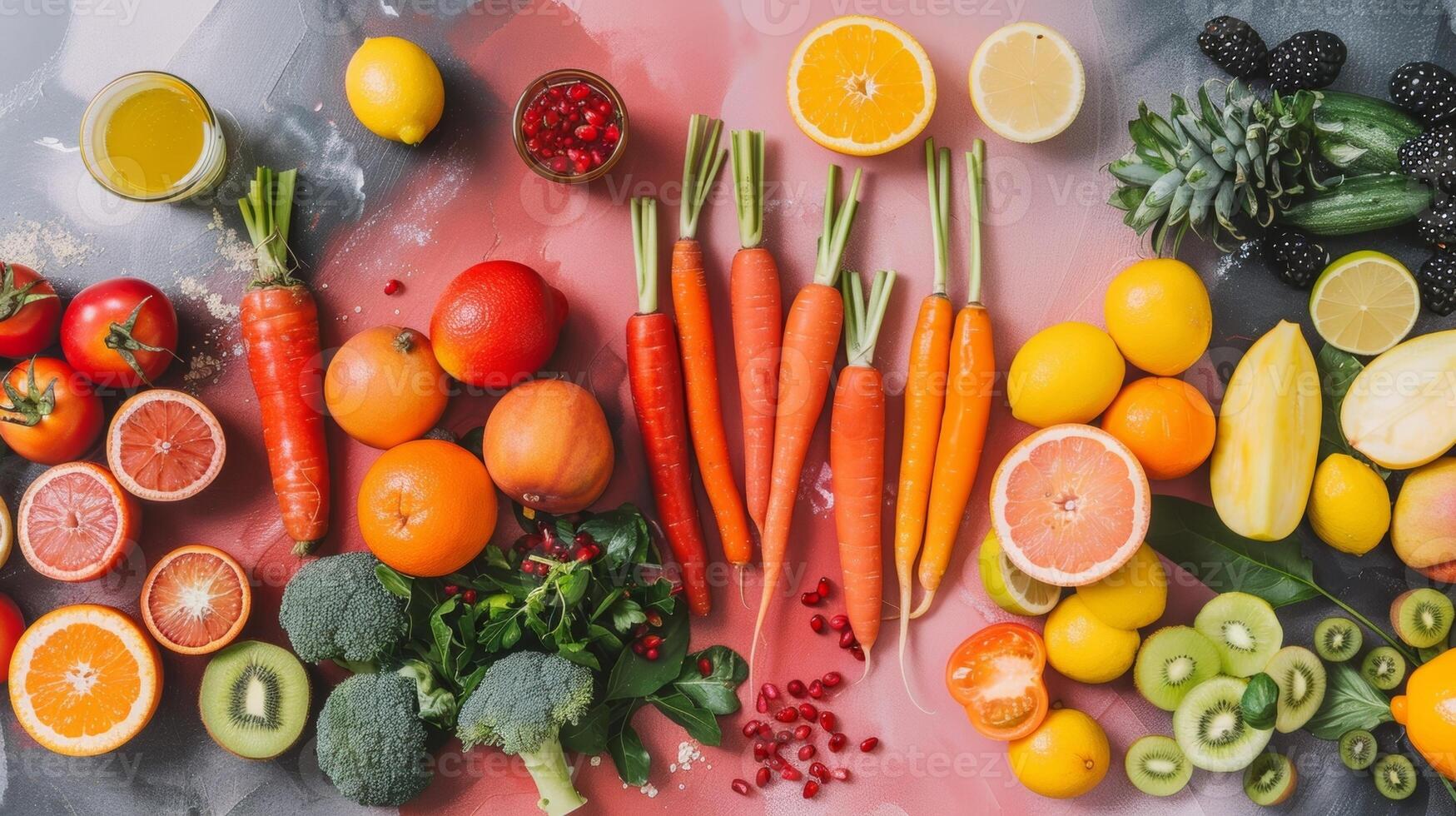 A vibrant array of colorful fruits and vegetables laid out on a table ready to be juiced photo