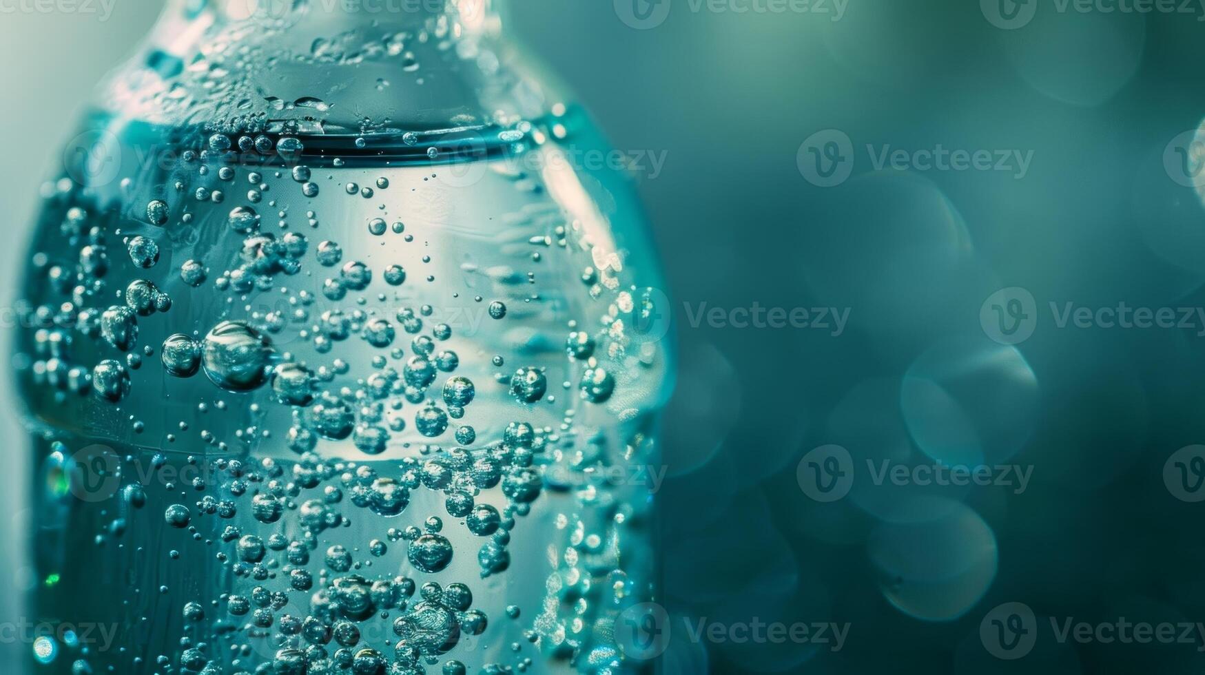 A closeup of a glass bottle filled with sparkling seltzer condensation forming on its surface from the summer heat photo