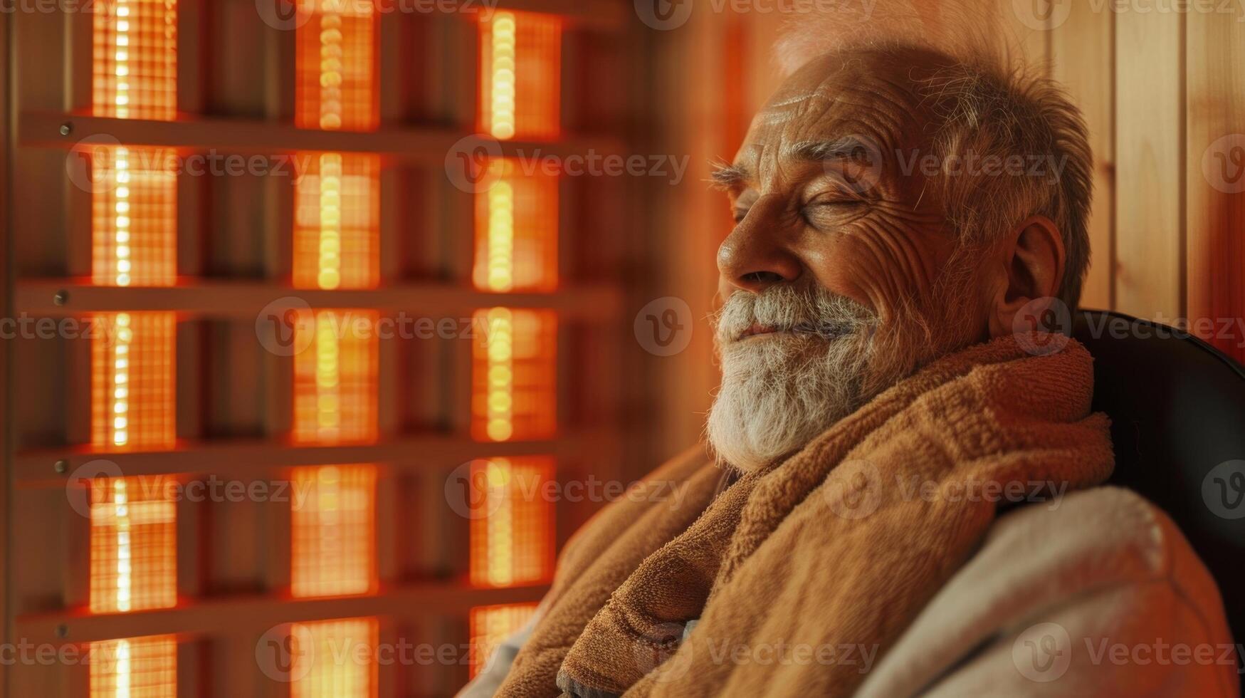 un más viejo hombre utilizando un infrarrojo sauna a aliviar su crónico espalda dolor hallazgo inmenso alivio y incluso poder a disminución su dolor medicamento. foto