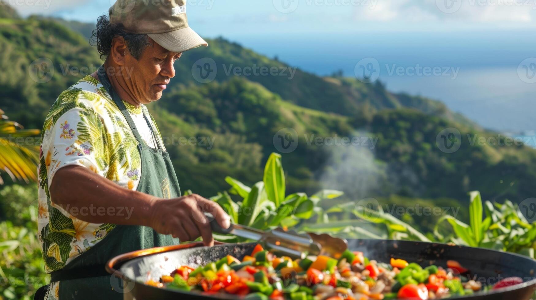 Against a picturesque backdrop of rolling hills the host demonstrates how to make a savory island stew using locally grown vegetables photo