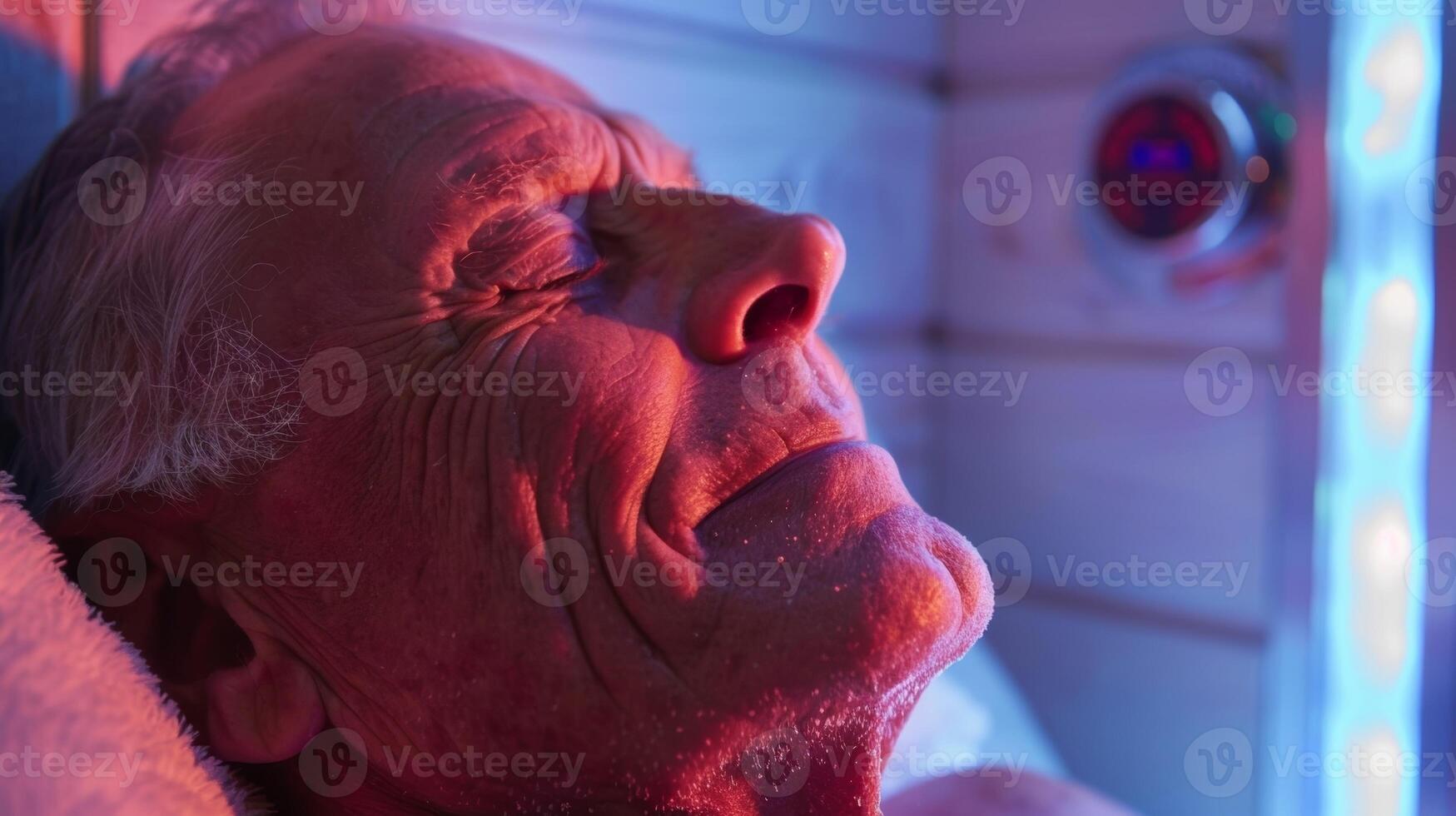 An older man enjoys a customized sauna experience with red and blue light therapy options to relax his muscles and stimulate his senses. photo