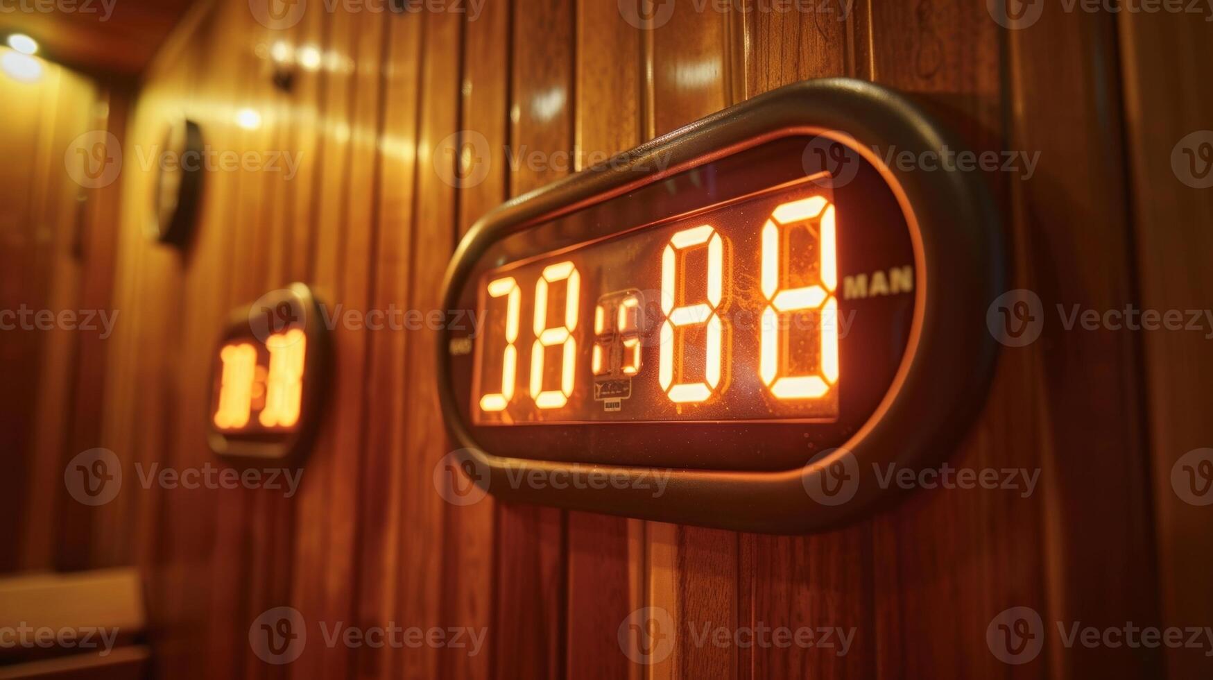 image 11 A closeup of a digital sauna timer displaying large bold numbers counting down the remaining minutes in the session. photo