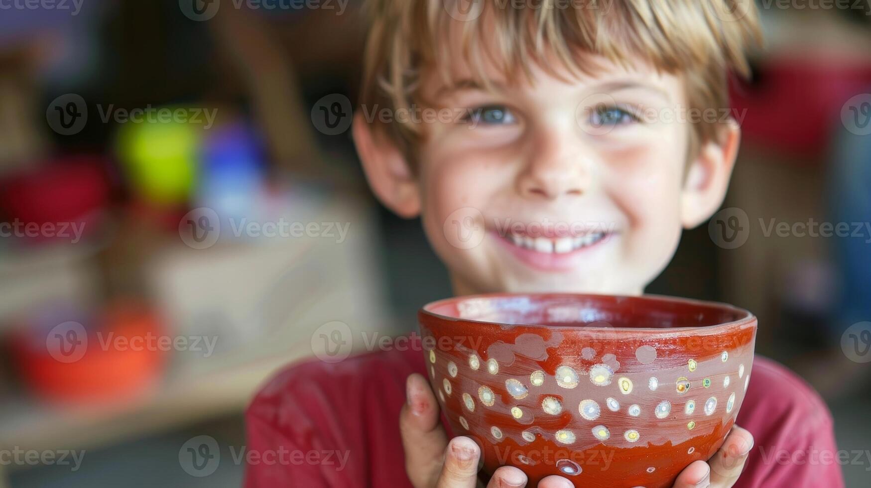 A boy proudly displays his handcrafted clay bowl decorated with glaze swirls and polka dots. photo