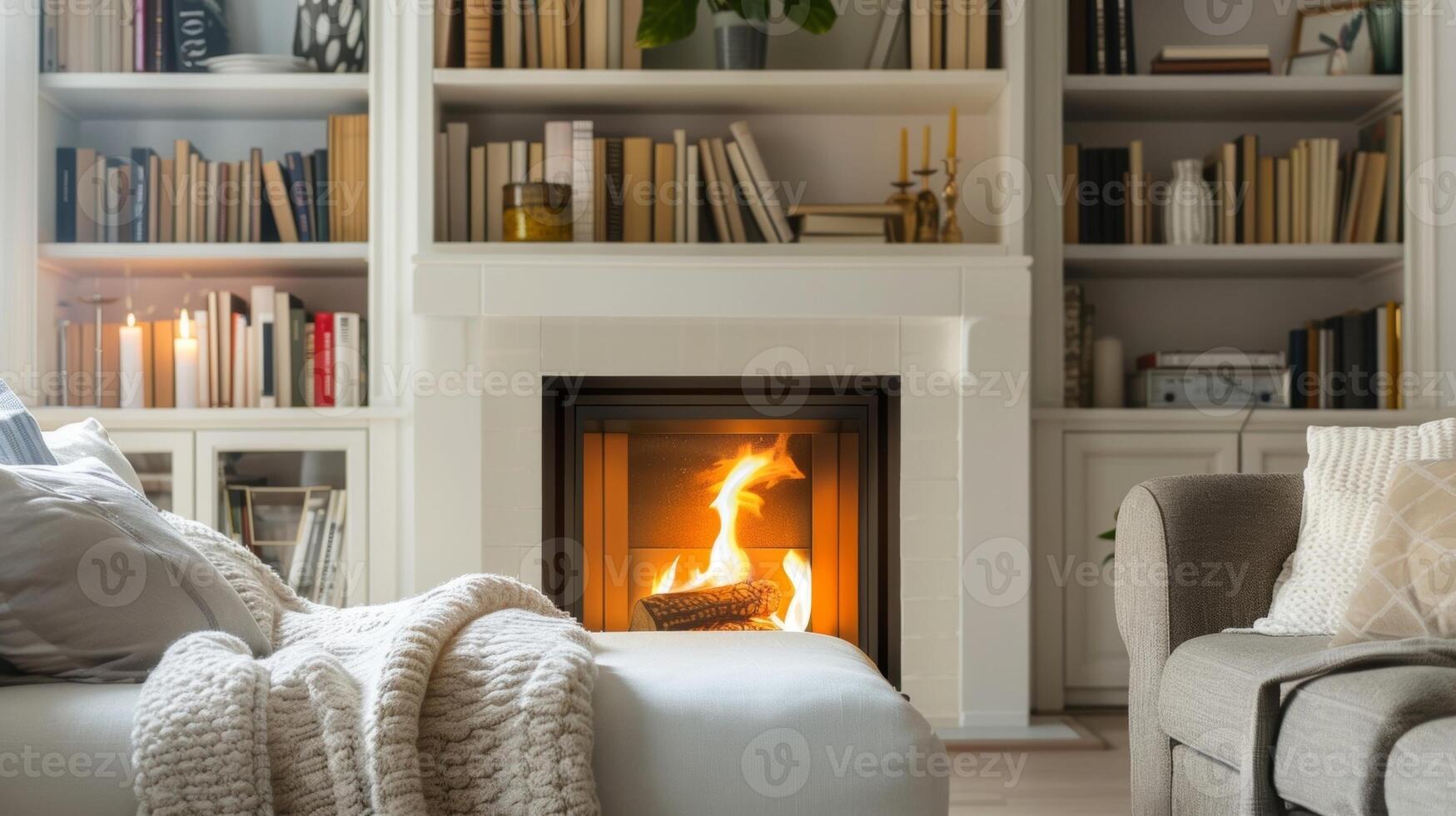 A compact offwhite fireplace sits nestled between two builtin bookshelves its simple design blending seamlessly with the clean and muted color palette of the room. The 2d flat cartoon photo