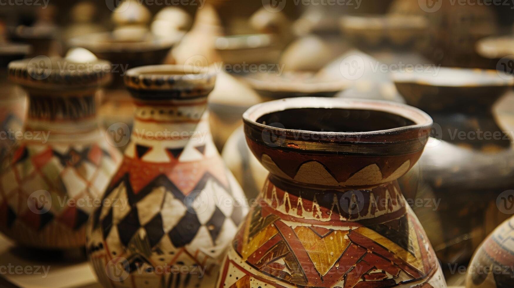 A collection of pottery pieces on display each one representing the unique story and personal journey of the creator. photo