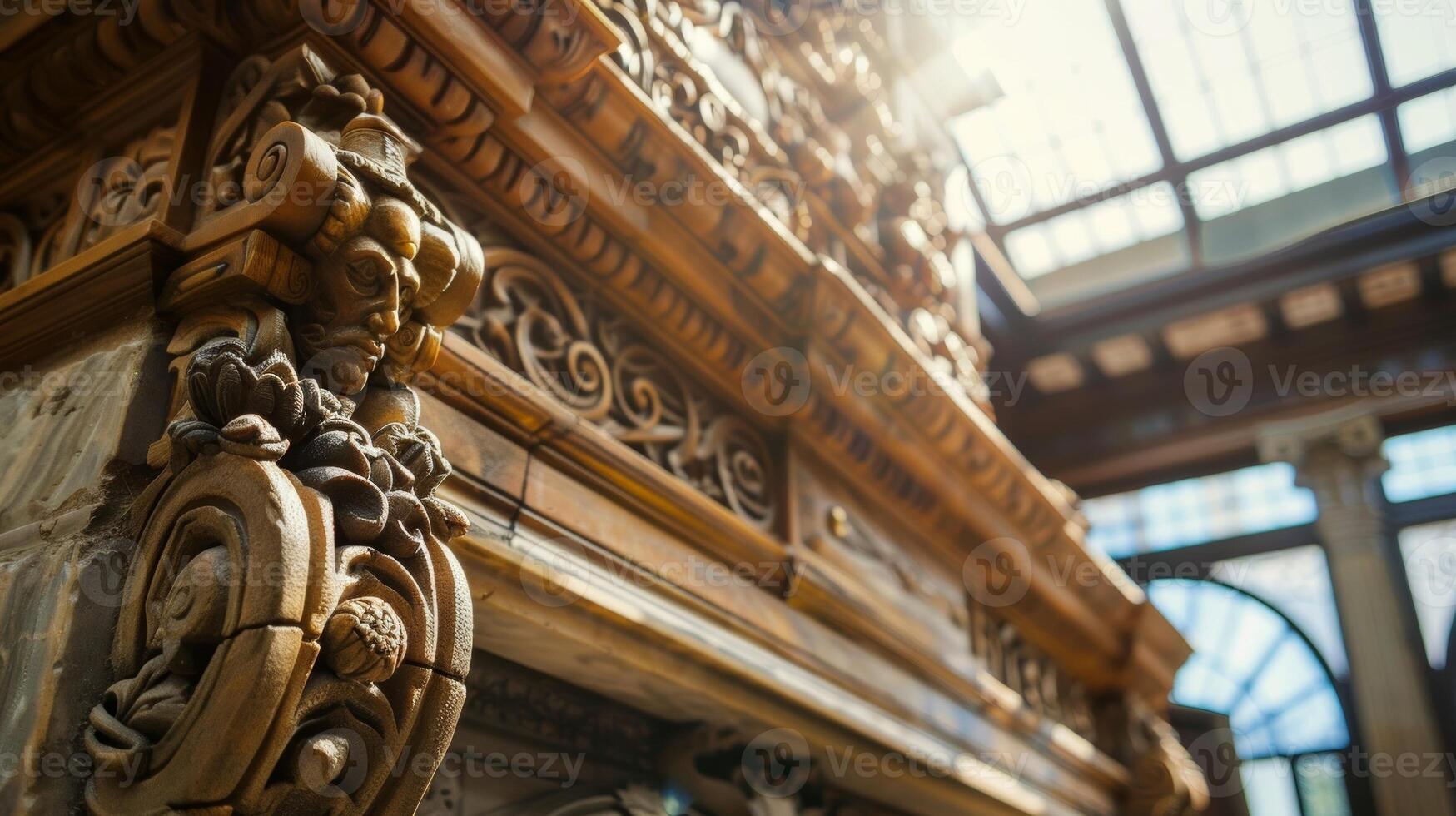 Natural light from a skylight above illuminates the elaborate handcrafted mantel showcasing the intricate details of the ornate fireplace. 2d flat cartoon photo