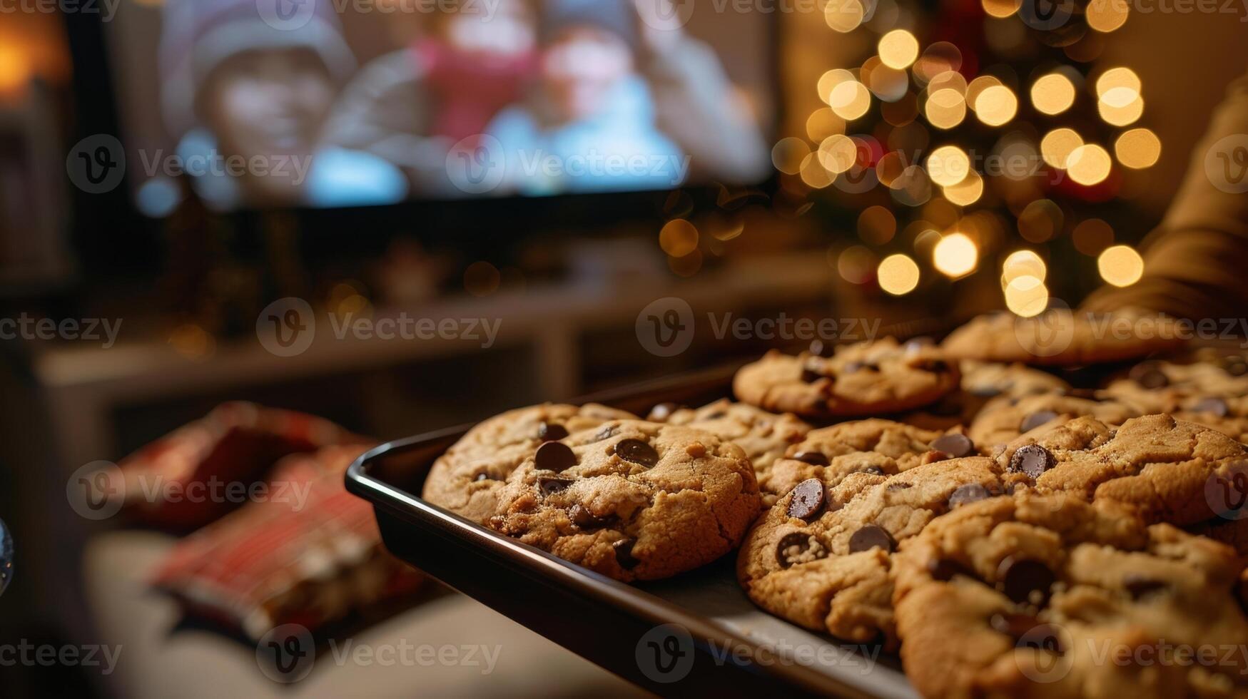 un bandeja de recién horneado galletas todavía calentar y pegajoso siendo pasado alrededor mientras invitados reloj un clásico fiesta película proyectado sobre un blanco pared foto