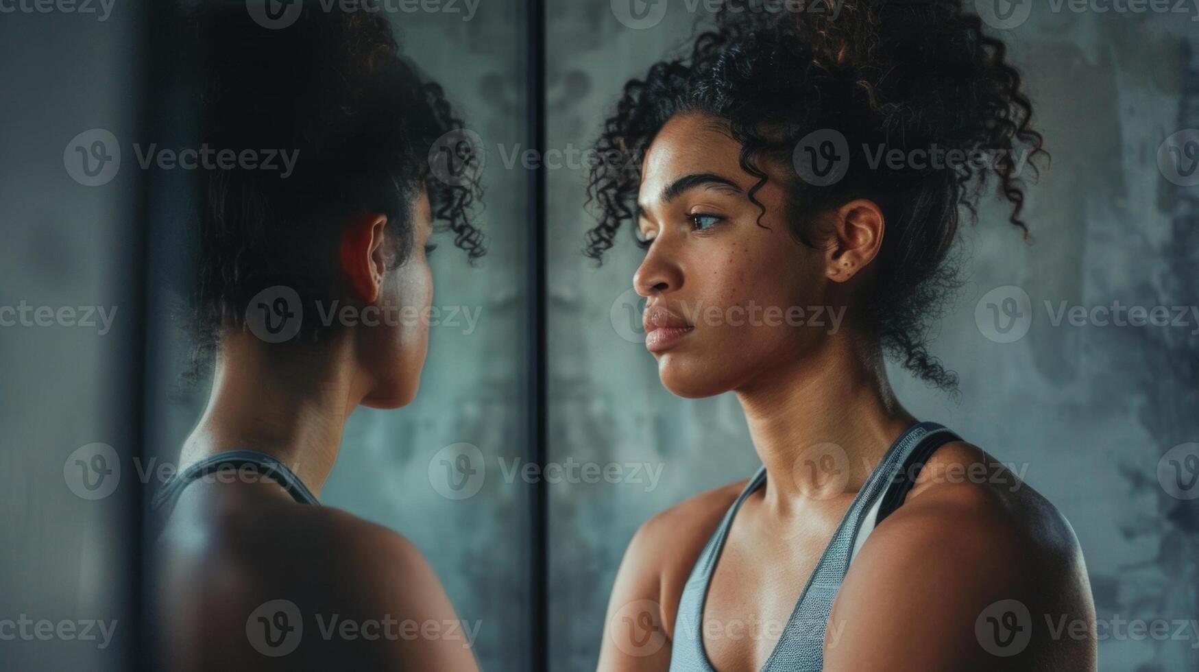 A person standing in front of a mirror admiring their progress and feeling proud of their hard work. photo