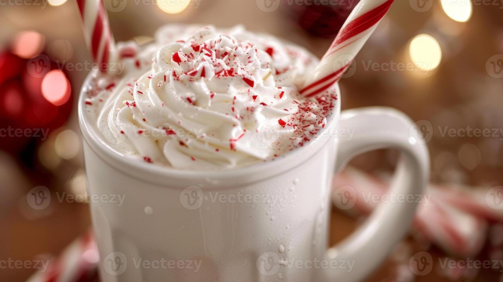 A decadent white hot chocolate infused with peppermint and topped with a generous dollop of whipped cream and a candy cane stir stick photo