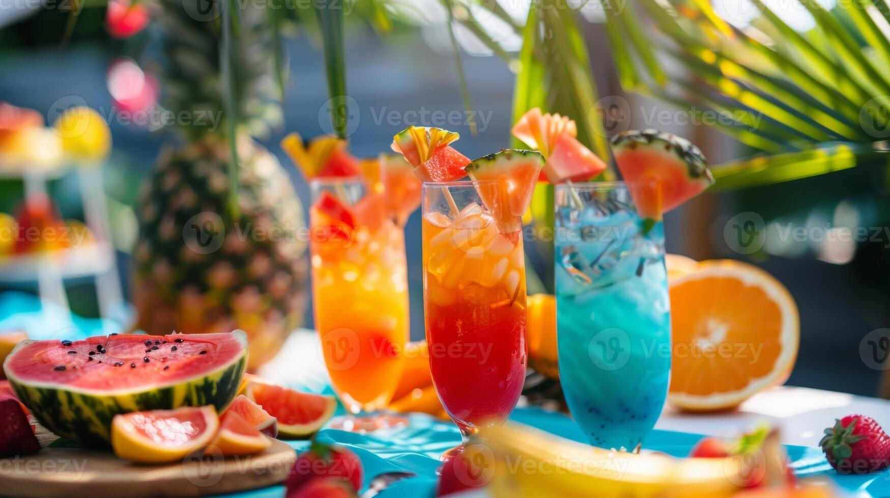 A themed mocktail party with a vibrant tropical theme complete with brightly colored drinks and tropical fruit skewers photo