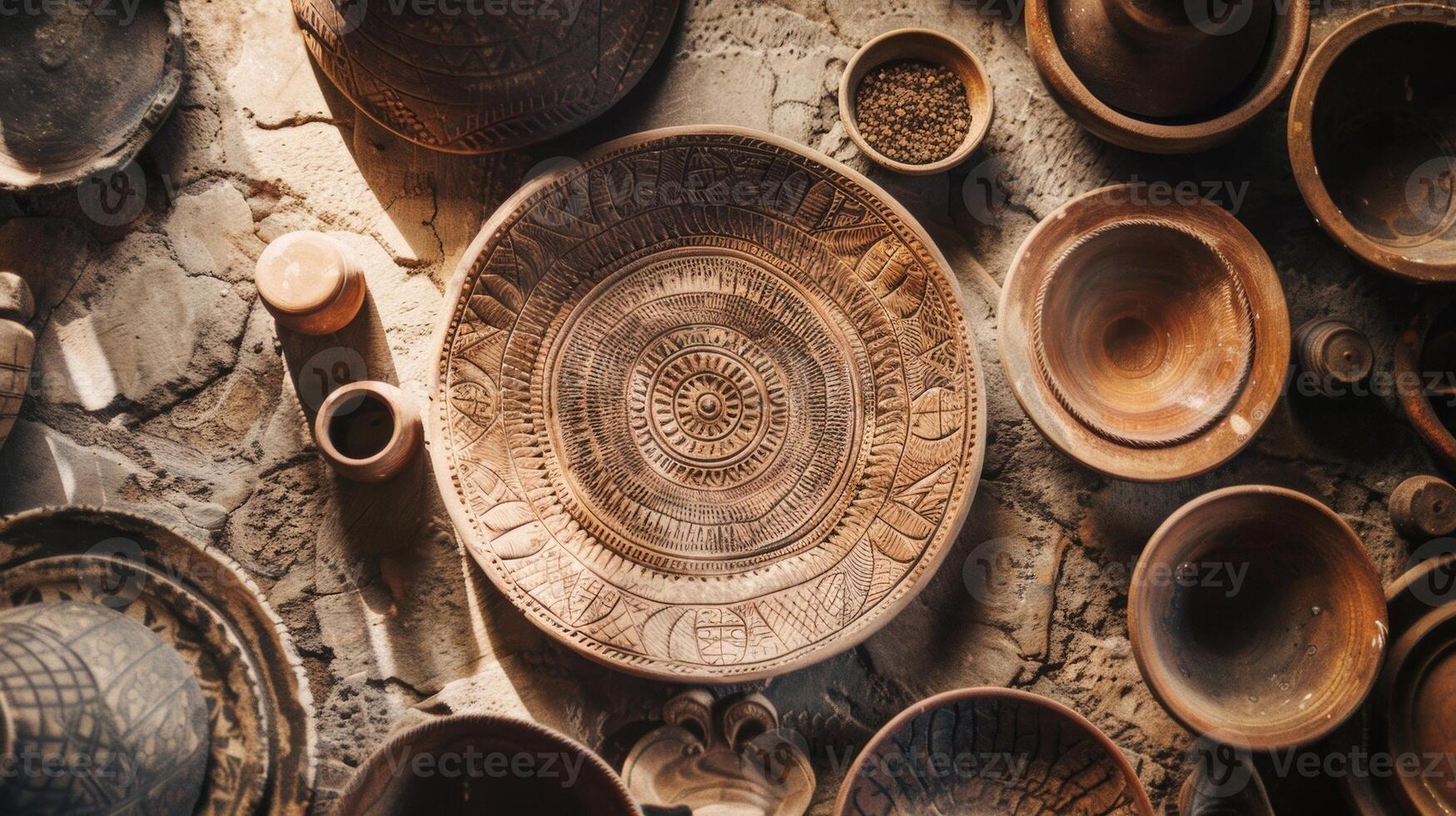 An overhead shot of an engraved clay plate showcasing the precise and detailed designs carved into the surface. photo