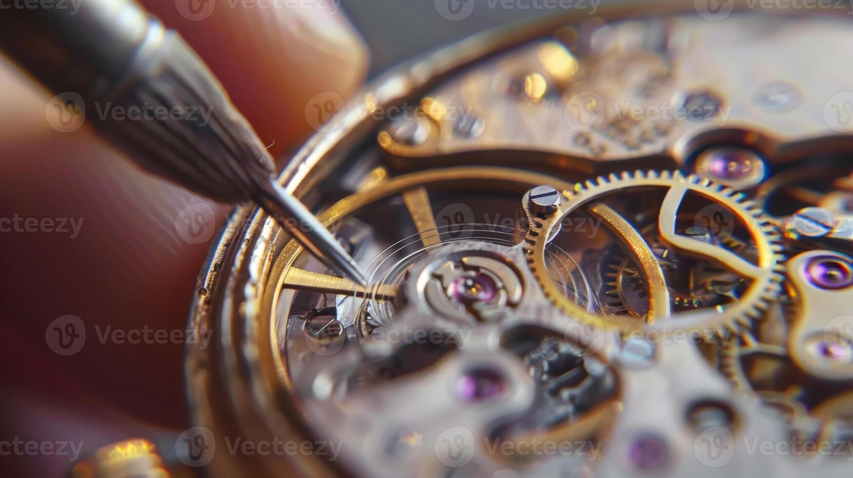 A student carefully cleaning a watch mechanism with a soft fine brush photo