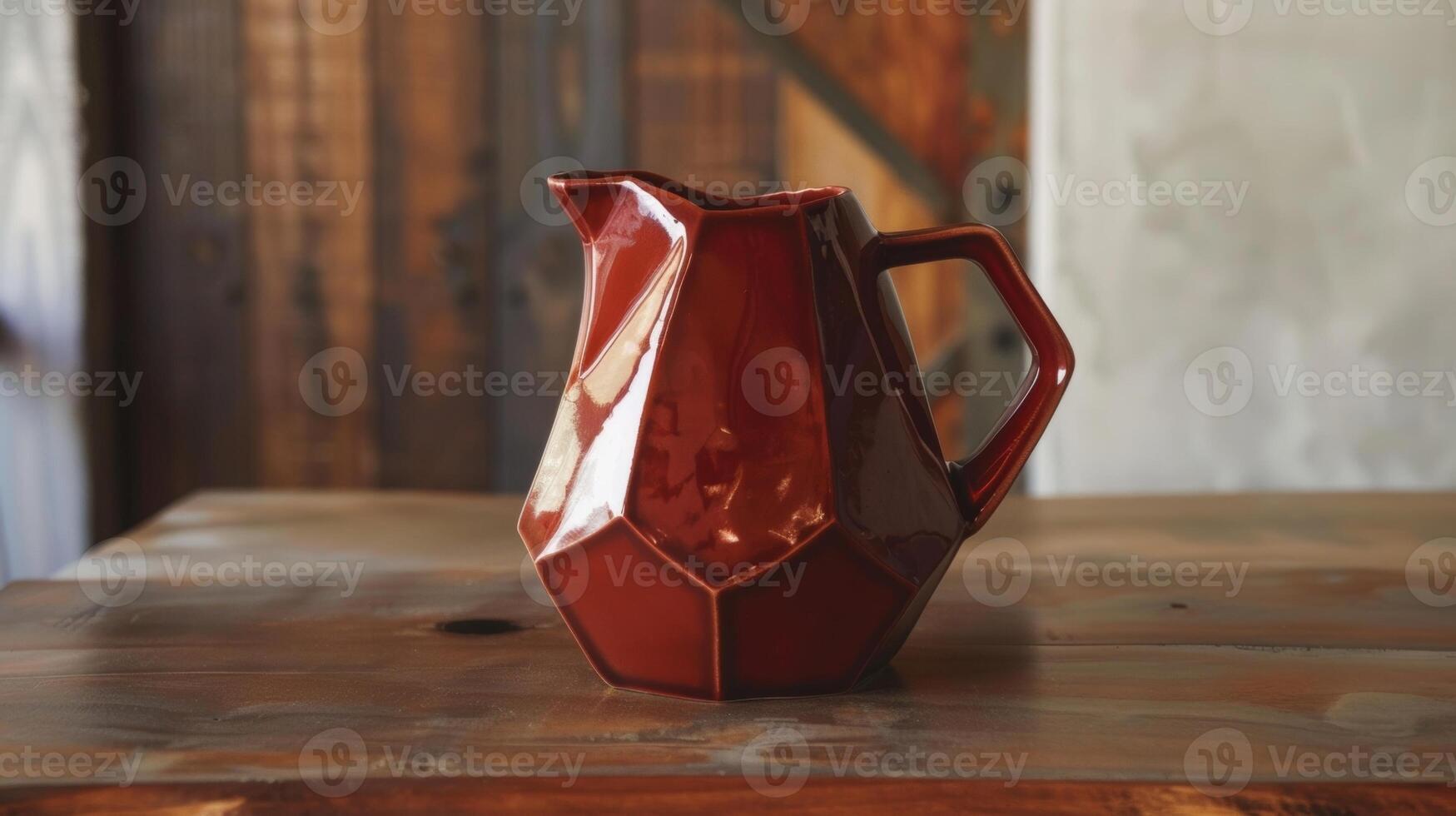 A sculptural pitcher with a geometric handle glazed in a rich burgundy color and designed for pouring beverages with ease. photo