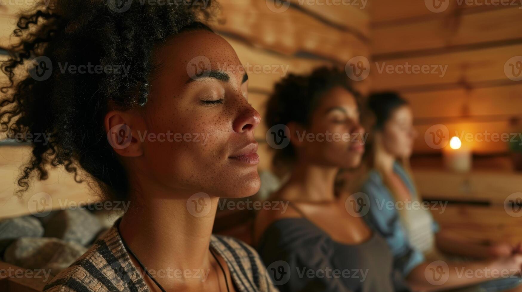 A group of friends meditate inside a sauna as they attend a workshop on the integration of breathwork and sauna therapy for stress reduction. photo