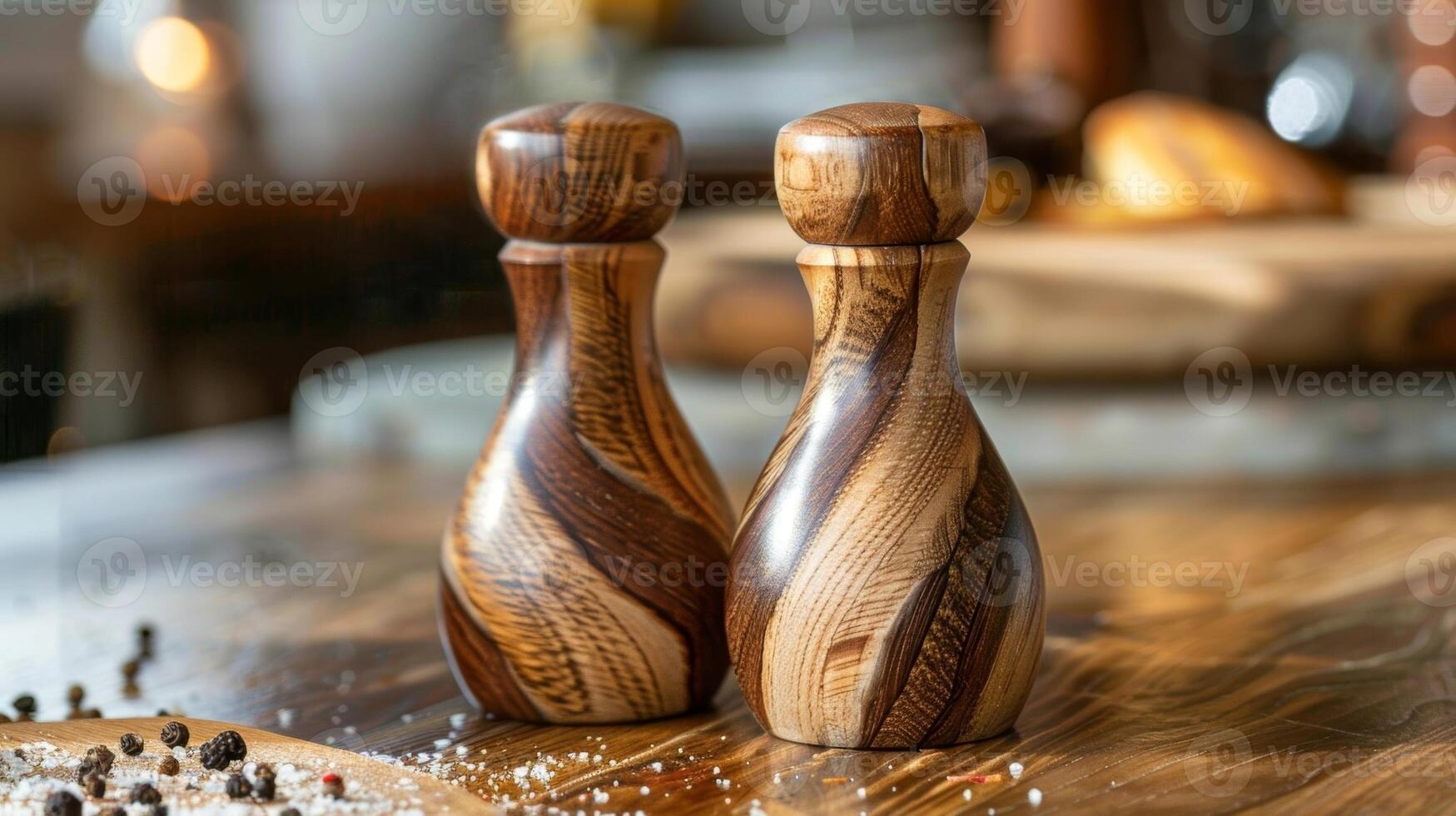 A set of salt and pepper shakers handcrafted with a smooth finish and easytouse design. photo