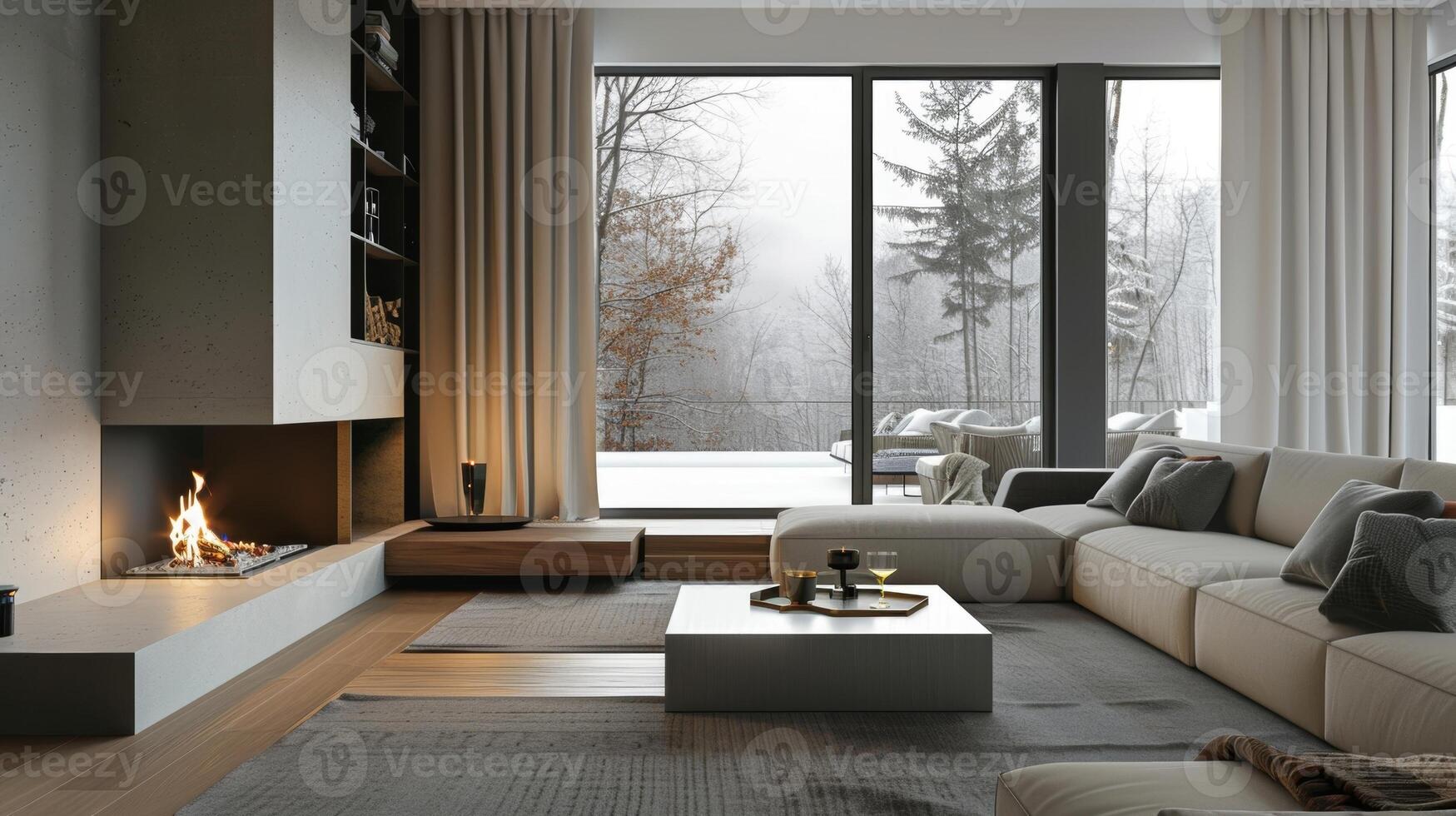 A modern minimalist apartment with a stylish corner fireplace that adds a touch of warmth to the room. 2d flat cartoon photo