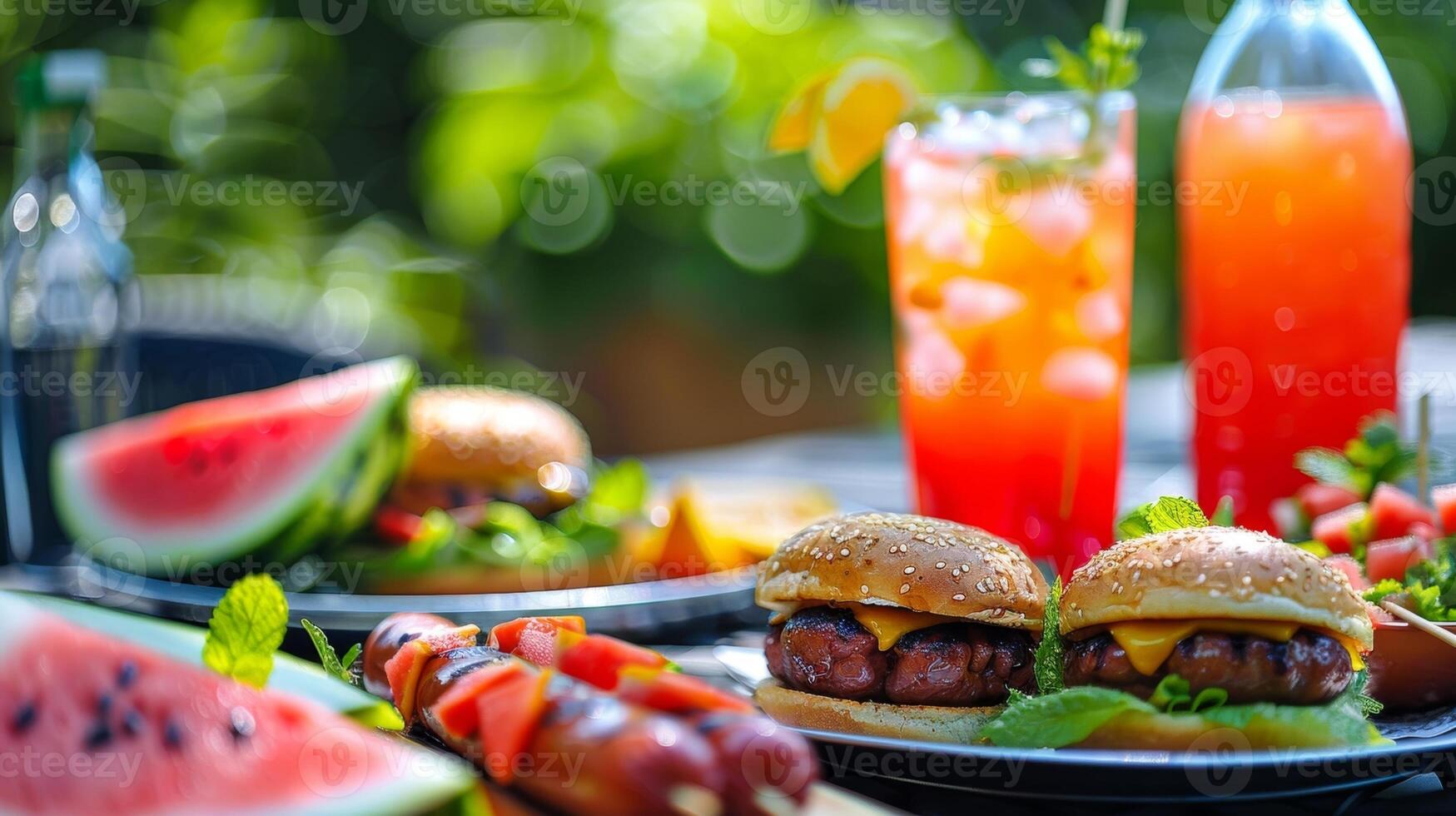 A summer barbecue with burgers and hot dogs paired with refreshing mocktails like watermelon mint coolers photo