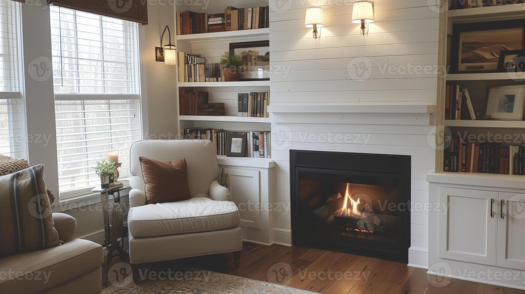 A small underutilized fireplace transformed into a functional and stylish space with a builtin bookshelf surround and a cozy reading nook photo