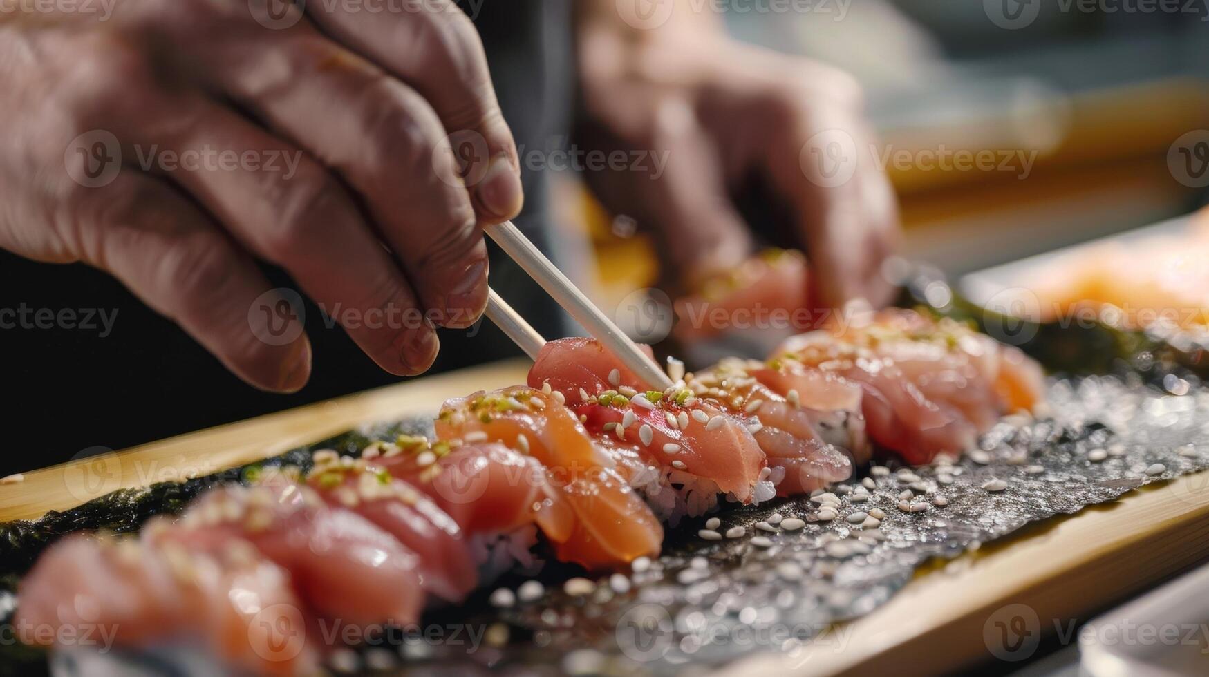 un persona utilizando palillos a delicadamente sitio pequeño piezas de atún y salmón sobre un sábana de nori creando su propio único y creativo Sushi rodar foto