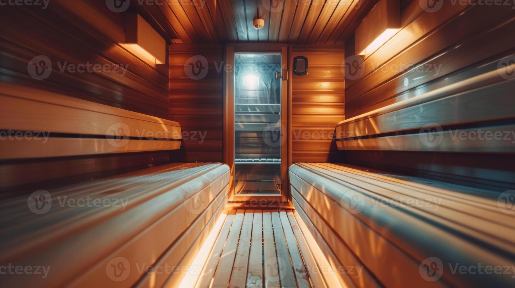 A beautiful wooden interior and comfortable benches in the infrared sauna creating a peaceful and calming atmosphere. photo
