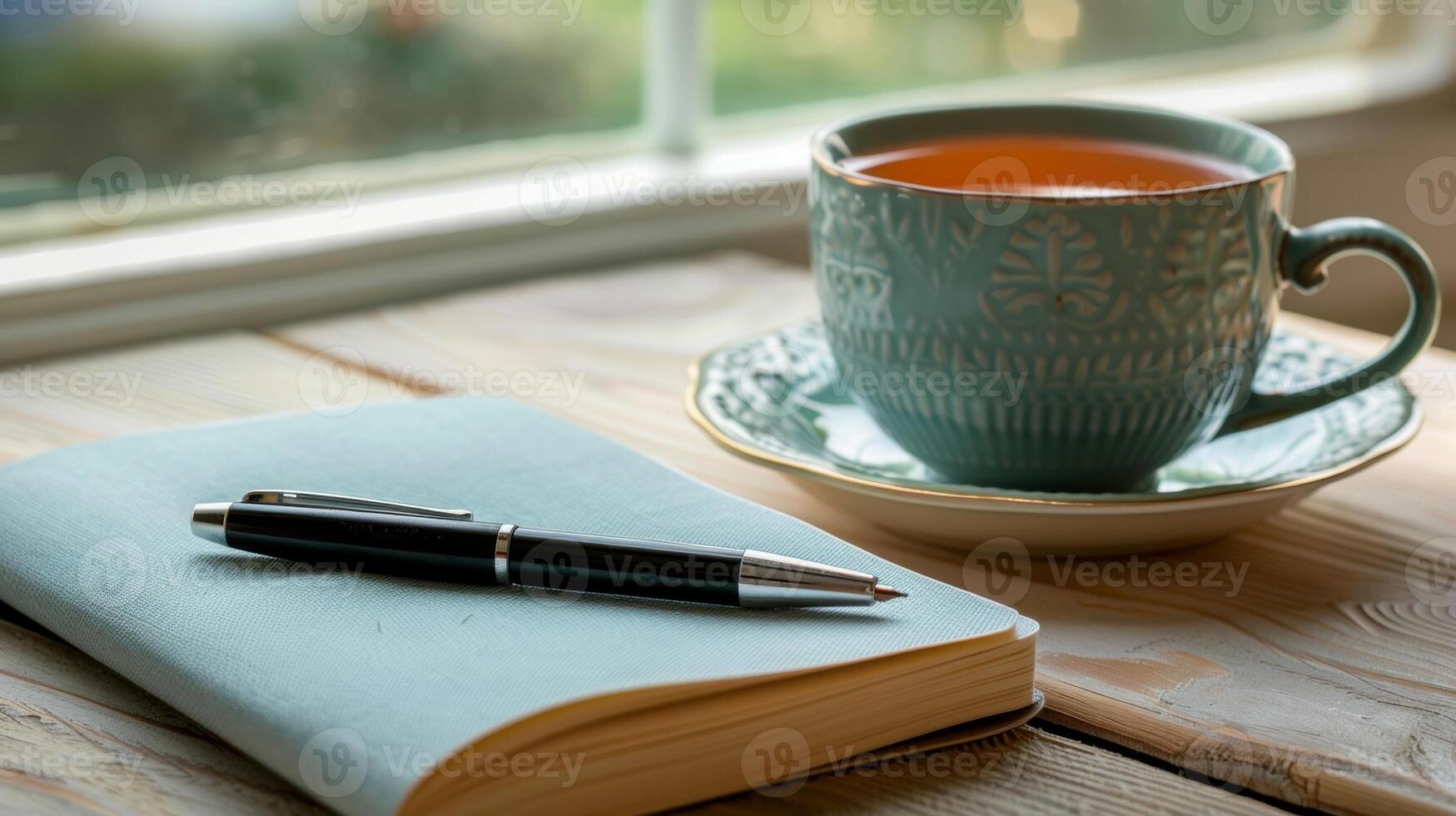 A journal and pen next to a cup of herbal tea symbolizing daily reflection during the challenge photo