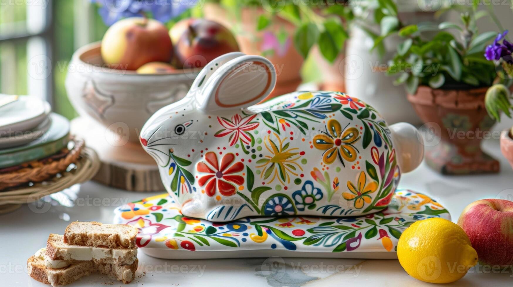 A whimsical ceramic cheese board in the shape of a mouse or rabbit with vibrant colors and patterns adds a fun and playful touch to a kitchen. photo