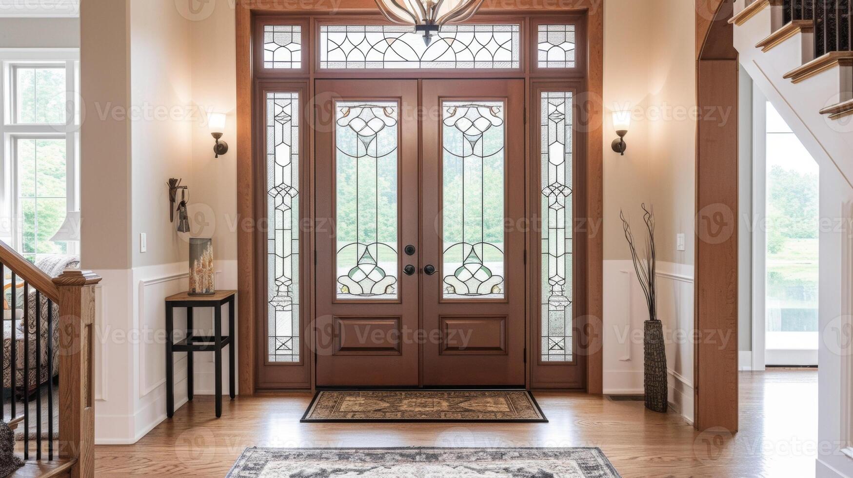 Spruce up your entryway with a sophisticated stained glass front door and matching sidelights making a statement while also increasing natural light in the foyer photo