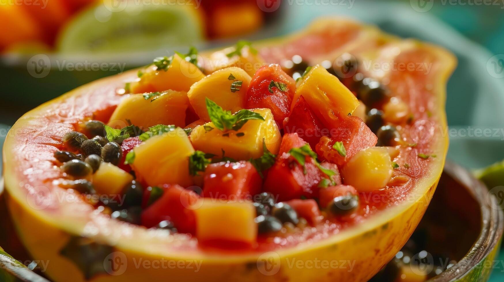 A closeup shot of a juicy and ripe papaya open and filled with a tropical fruit salad photo