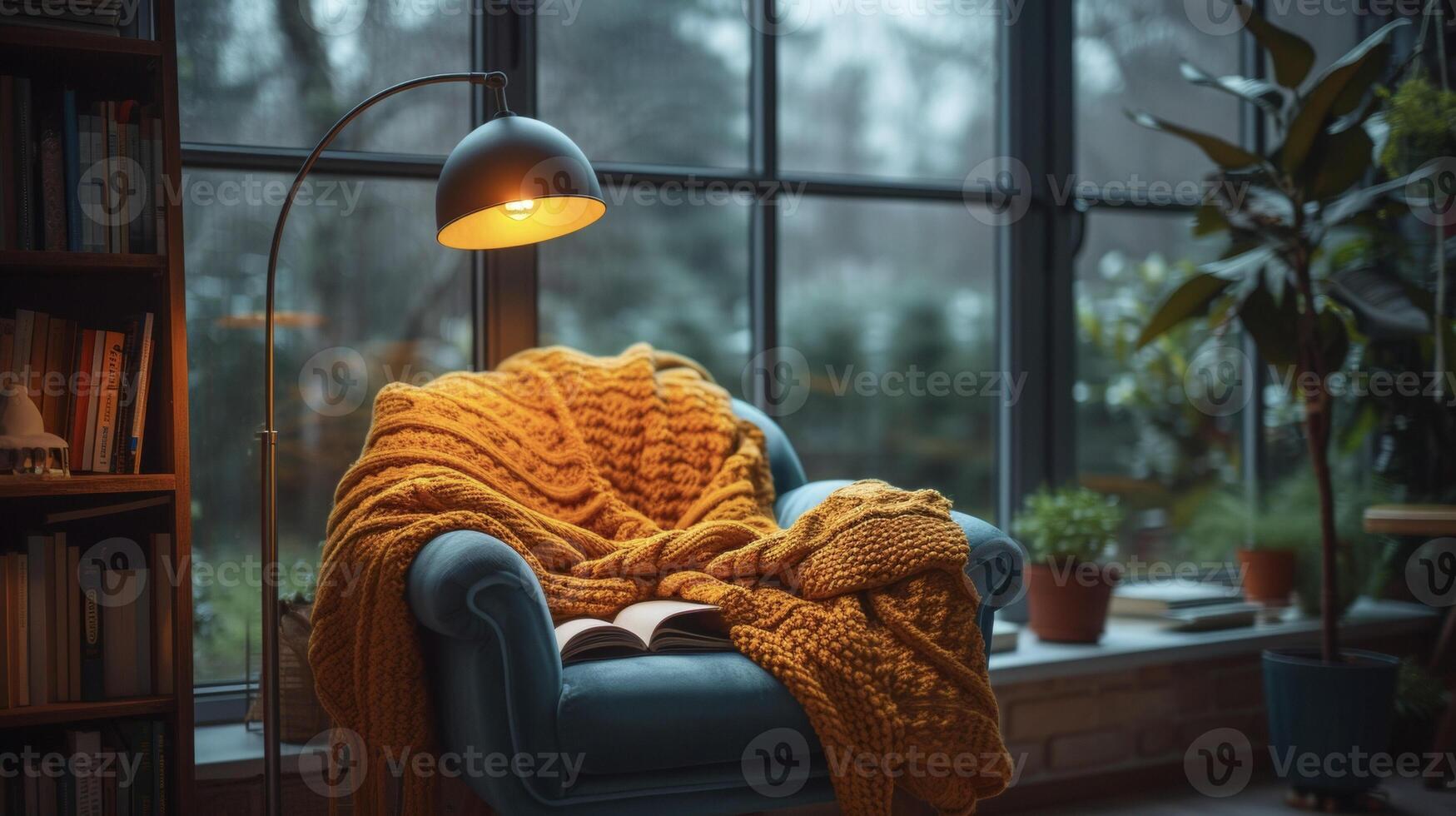 A cozy reading nook with a floor lamp shining light on the pages of a book and creating a quiet and comfortable corner to escape photo