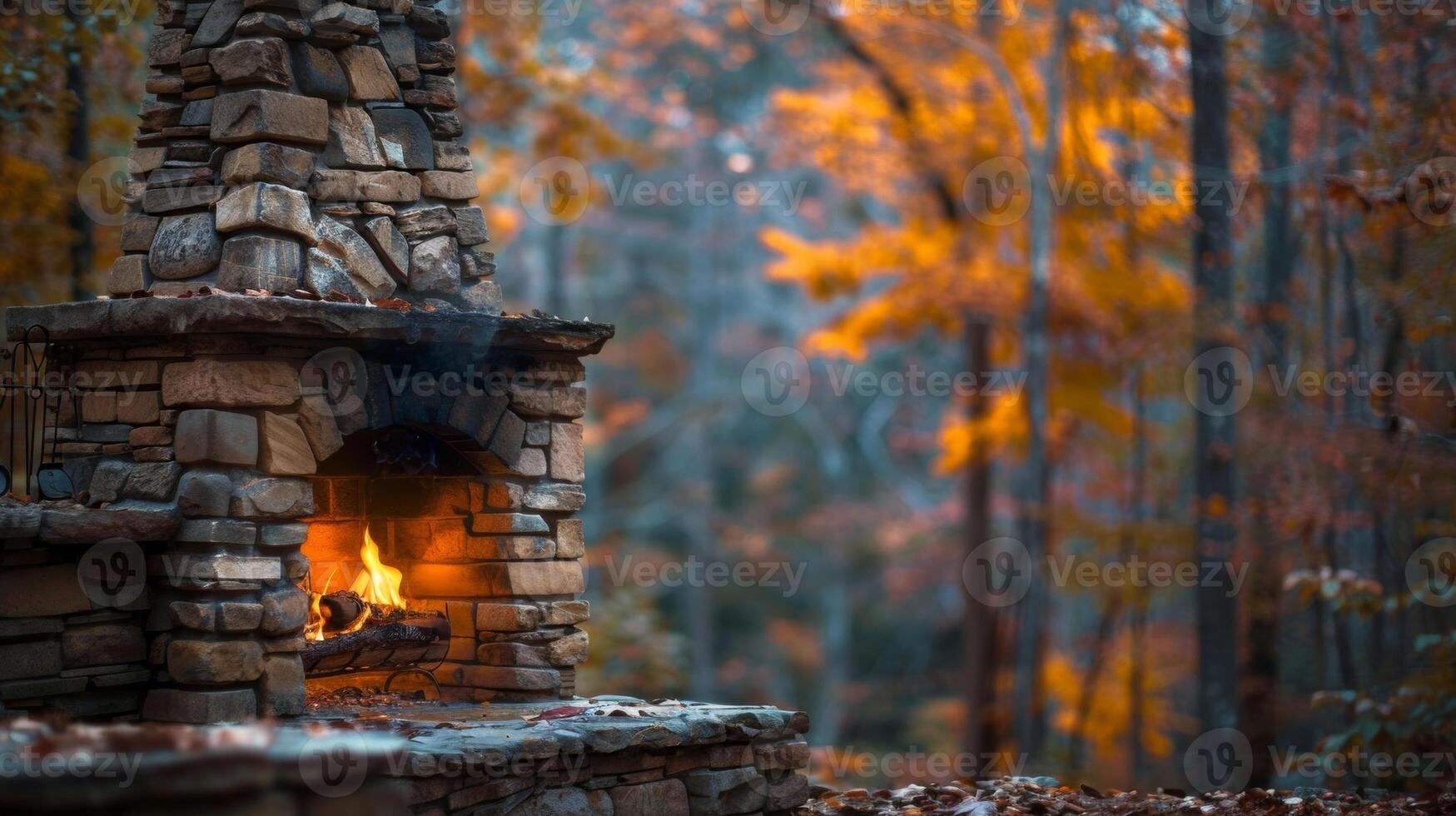 The stone fireplace glows against the backdrop of a lush forest inviting you to sit and relax with a good book. 2d flat cartoon photo