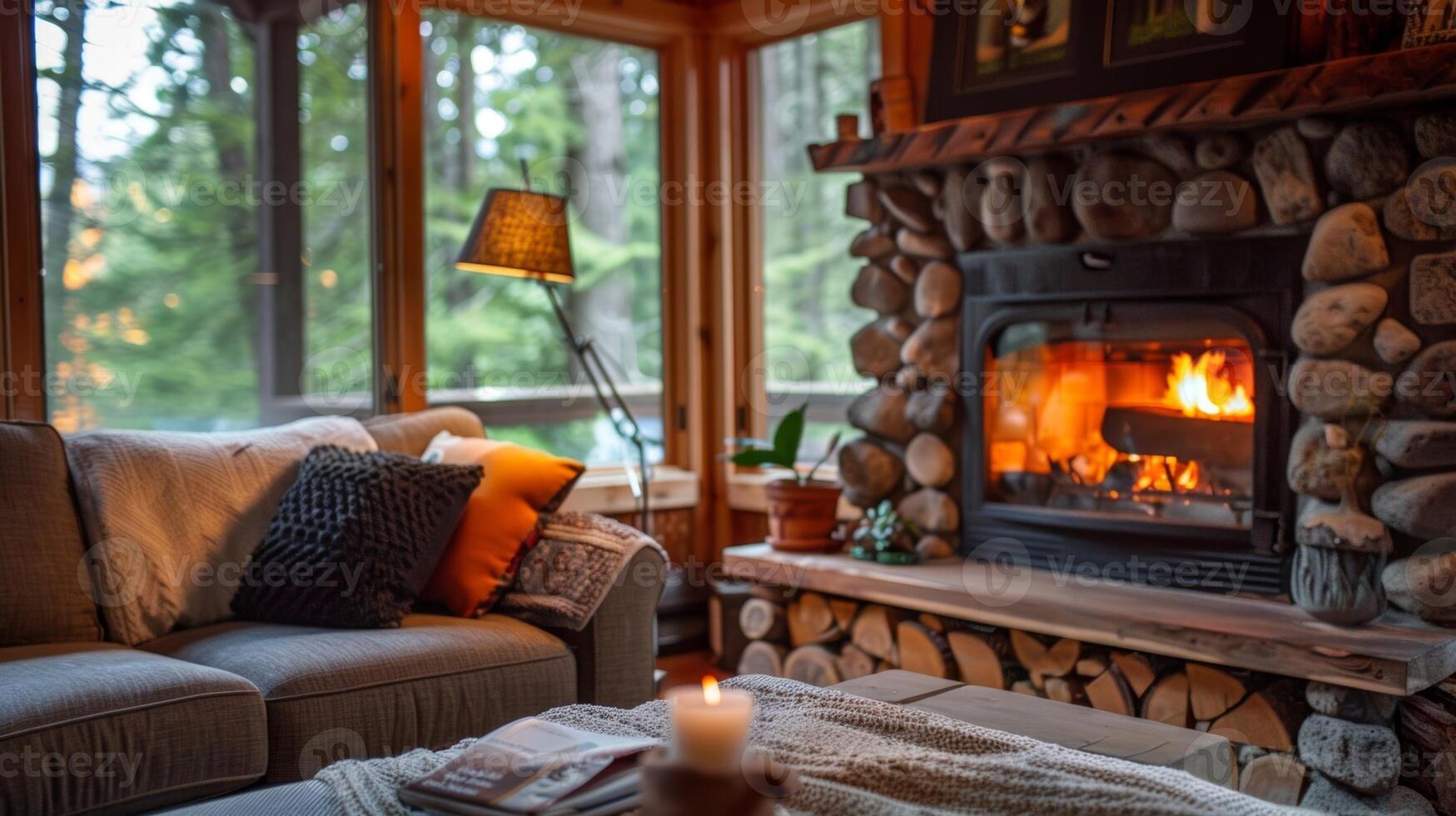 The rustic cabin fireplace invites you to cozy up on the comfortable couch with magnificent forest views peeking through the windows. 2d flat cartoon photo