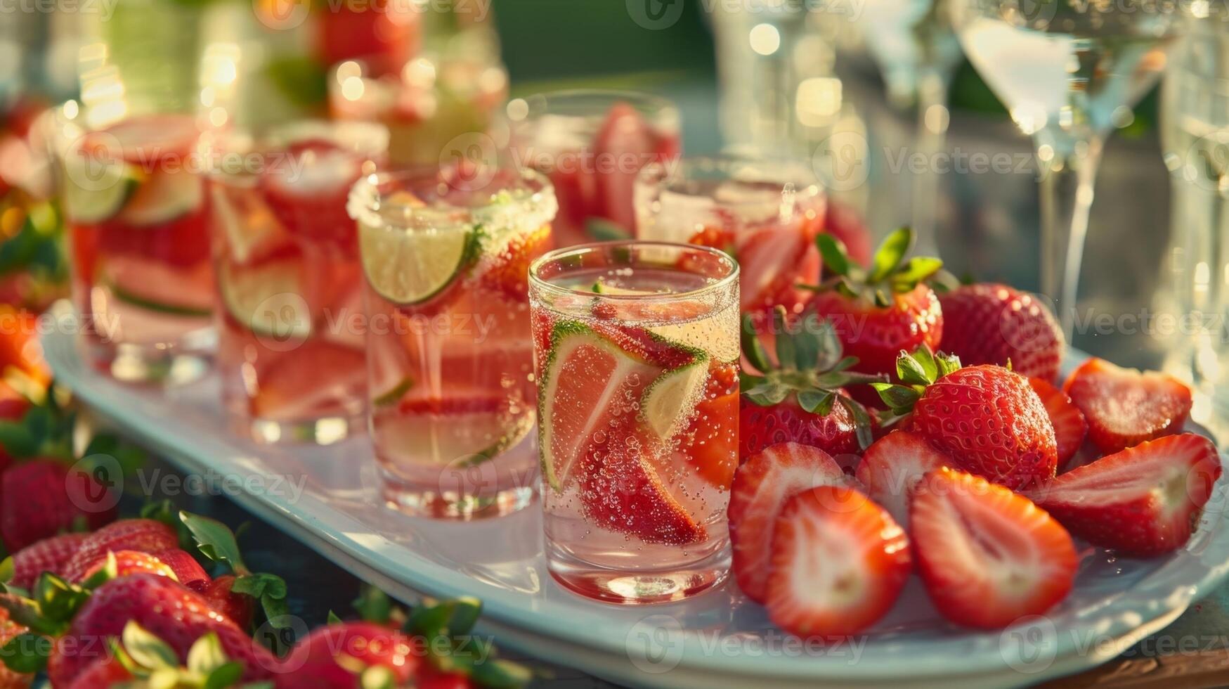 A variety of fruits such as sliced strawberries and juicy gs arranged on a platter next to small glasses of sparkling water ready to be muddled into delicious mocktails photo