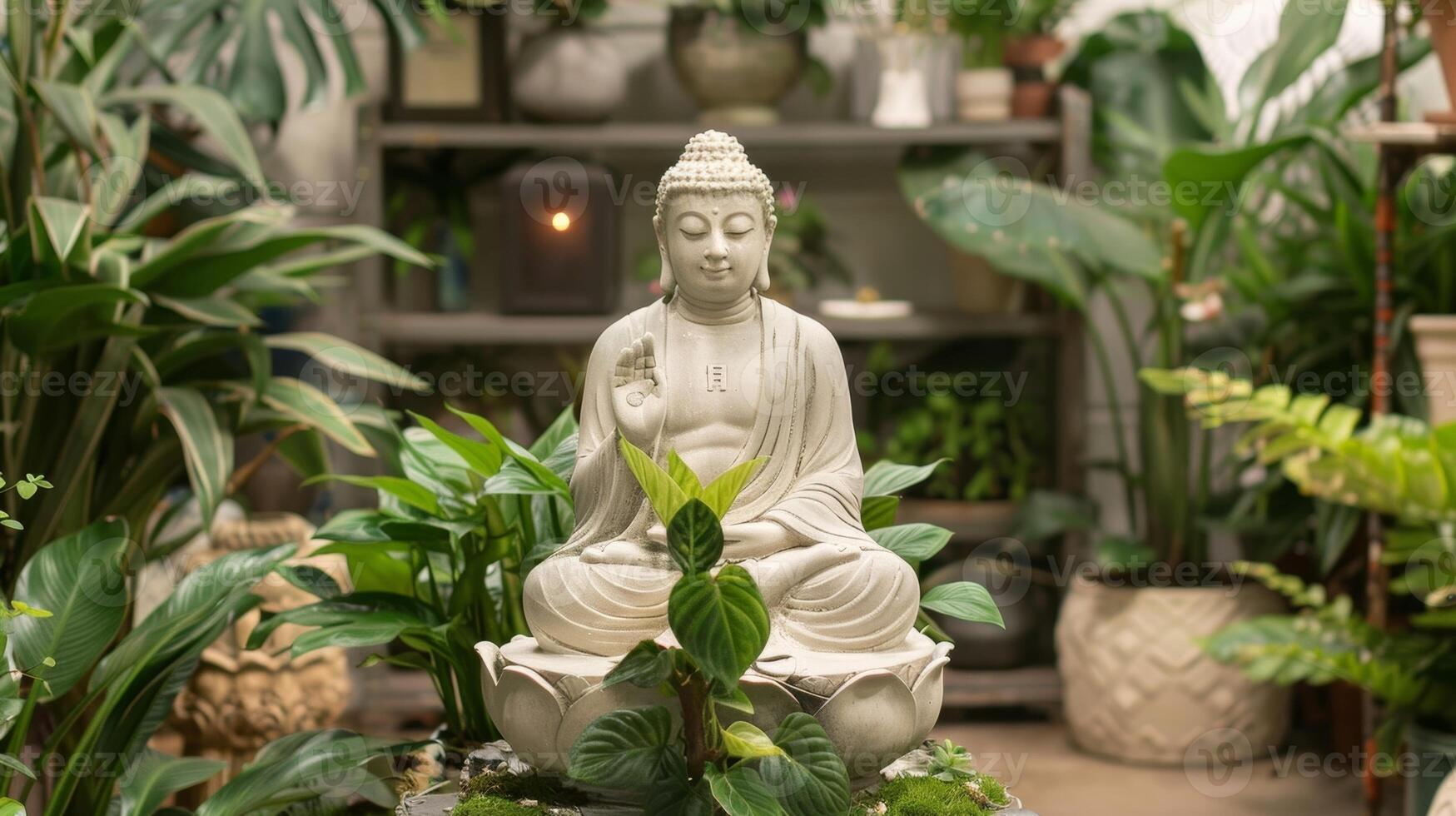 Create a sense of Zen with the addition of a serene ceramic Buddha sculpture nestled a the plants and foliage. photo