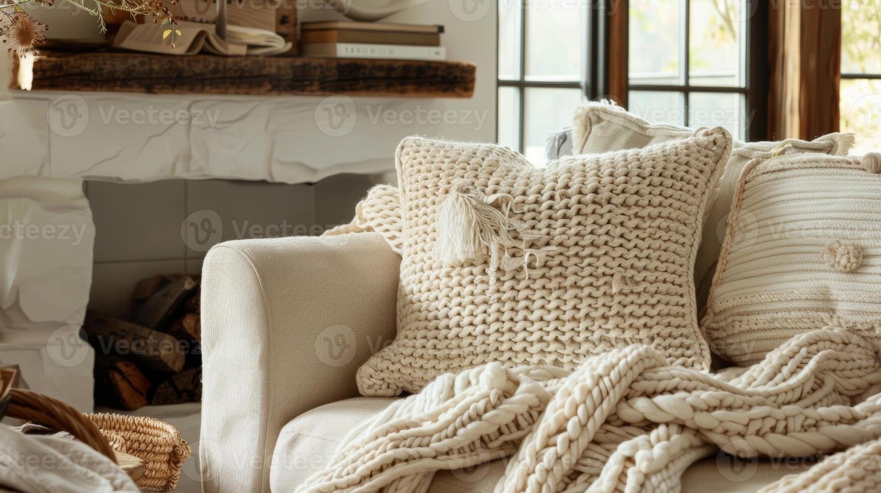 A cozy reading nook is situated next to the farmhouse hearth with soft plush pillows and a chunky knit throw inviting you to curl up and relax. 2d flat cartoon photo