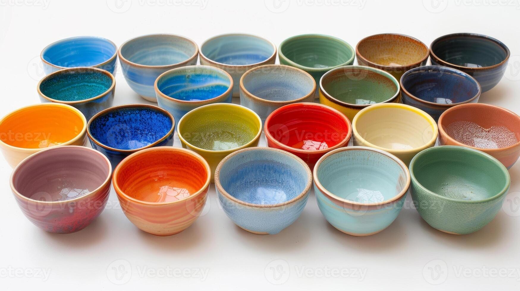 A set of glazed ceramic bowls arranged in a gradient of colors from light to dark demonstrating a potters understanding of color theory and their ability to mix and layer glazes for photo
