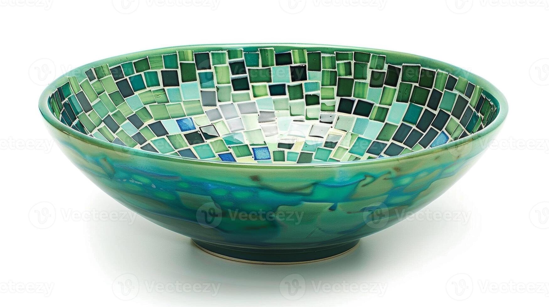 A ceramic bowl featuring a handpainted mosaic pattern in vibrant shades of green and blue. photo