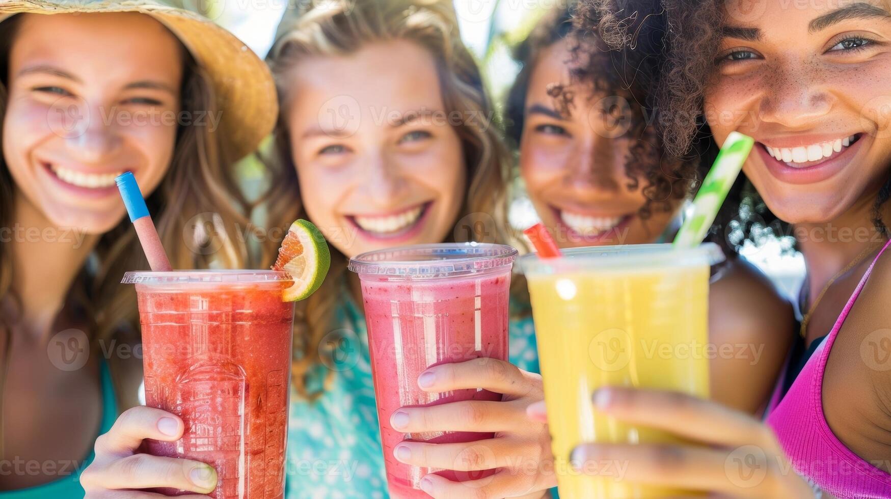 A group of happy and healthy guests holding their freshly blended detox smoothies ready to sip and enjoy the partys refreshing and nourishing treats photo