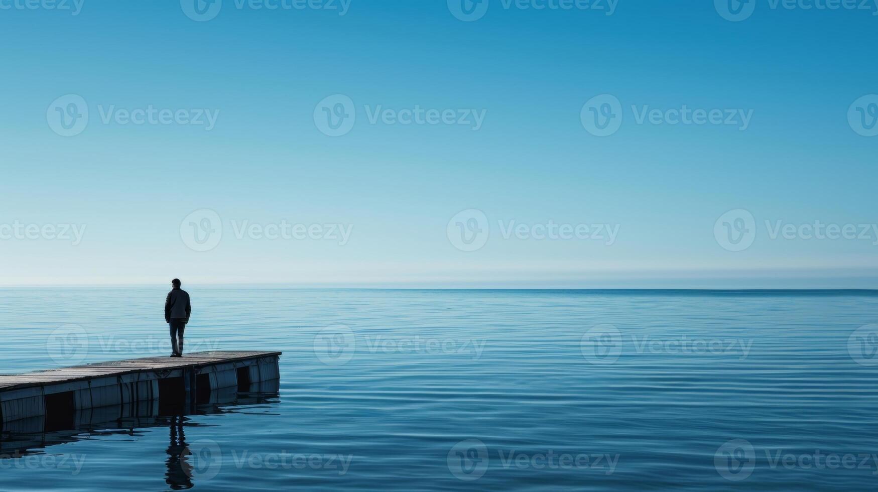 A lone figure stands at the edge of a dock gazing out at the endless expanse of blue water photo