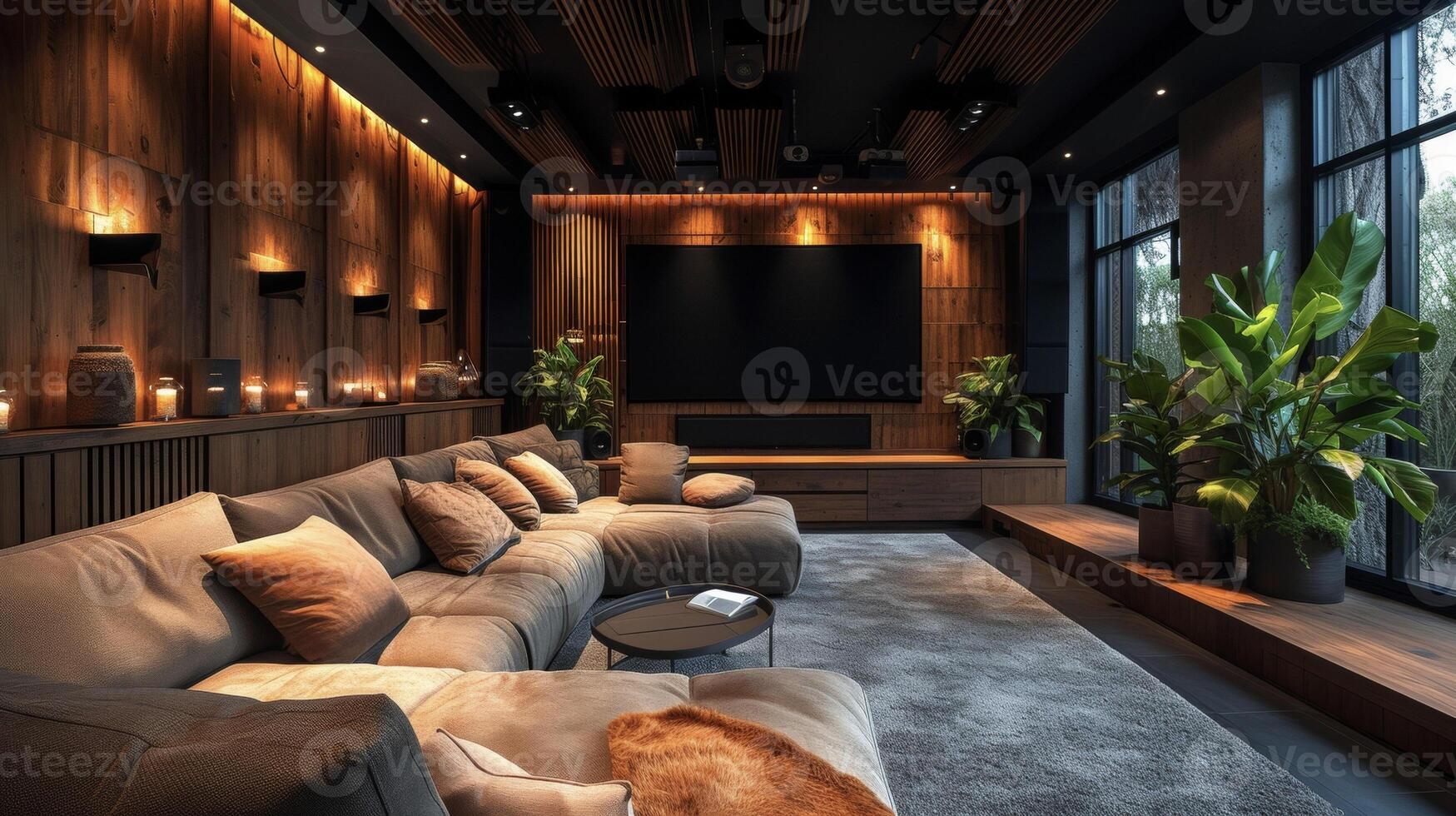 A before and after image of a home theater showcasing the integration of a stateoftheart sound system and automated dimmable lighting creating the ultimate moviewatching experienc photo