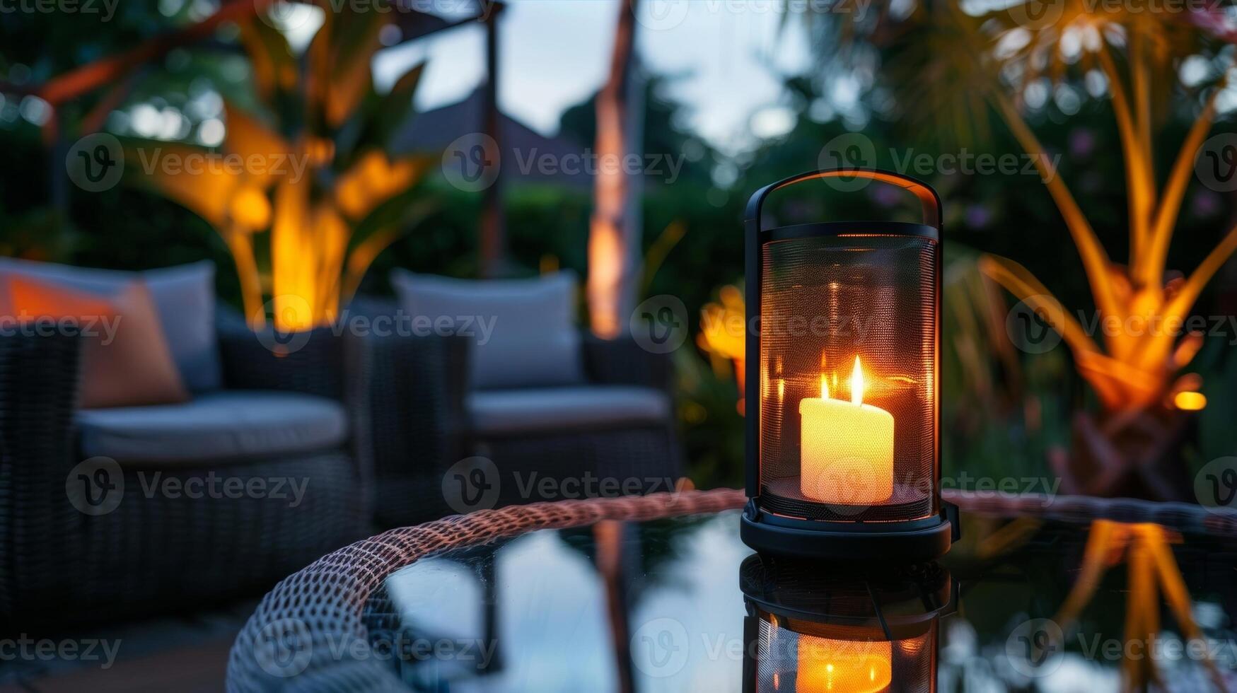 As the sun sets the flickering lights create a romantic atmosphere bringing a sense of warmth and intimacy to the outdoor space. 2d flat cartoon photo