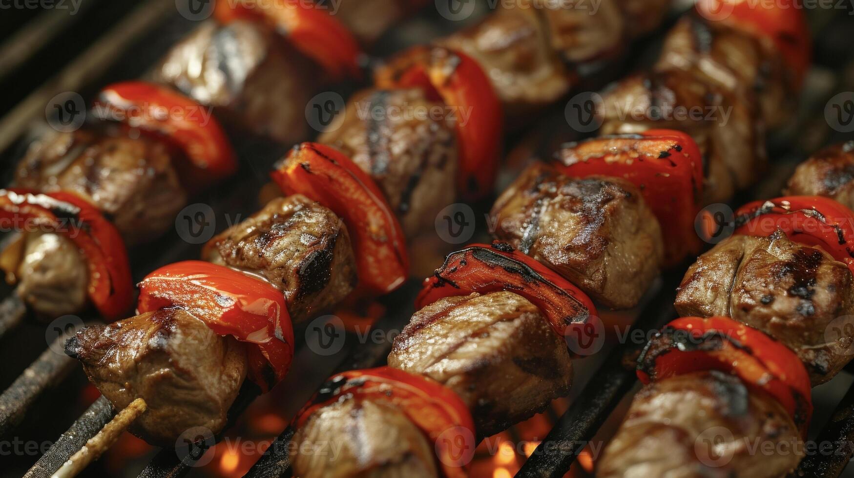 A feast for the senses these flaming kebabs sizzle on the grill revealing tender s of meat and charred vegetables all adorned with fiery red peppers photo