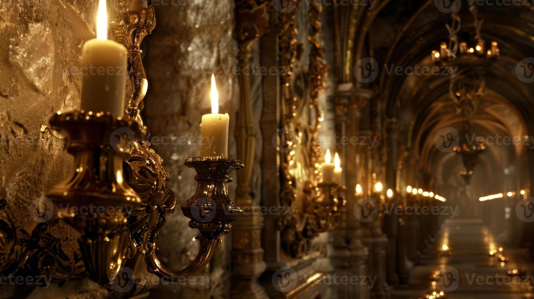 Within a fairy tale castle alcoves carved into the elaborate walls hold ornate candles adding a magical and enchanting atmosphere to the royal chambers. 2d flat cartoon photo