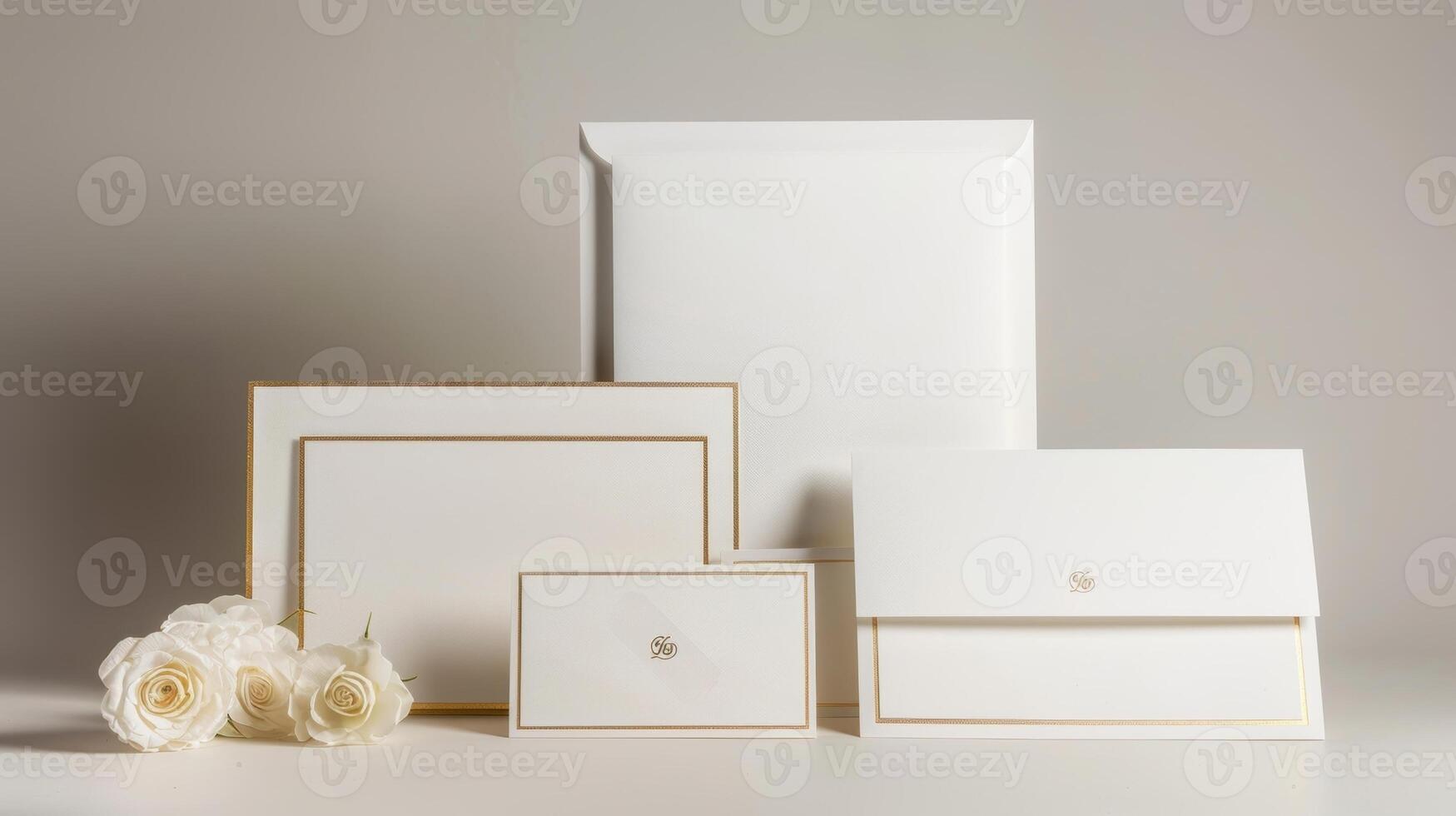 A sophisticated and elegant stationery set with a gold foil border and a custom monogram photo