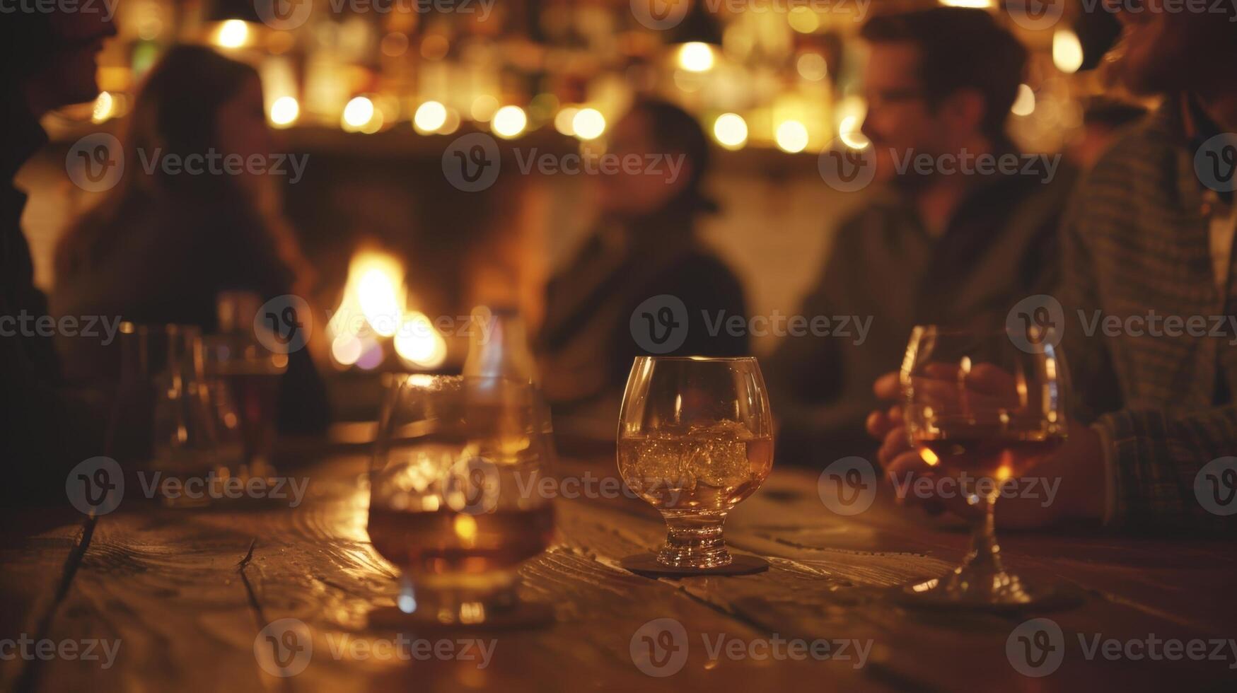 In a dimly lit bar a group of colleagues sit around a fireplace discussing their latest projects and goals over glasses of whiskey. 2d flat cartoon photo