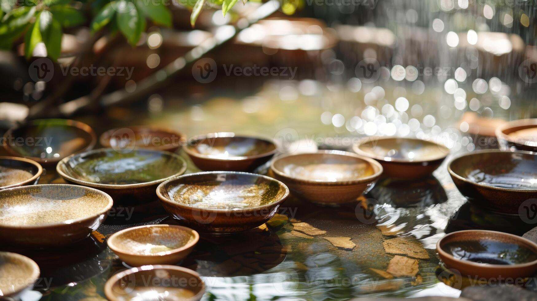 A set of ceramic bowls and plates all slightly uneven in shape and glazed in earth tones arranged artistically around a pond. photo