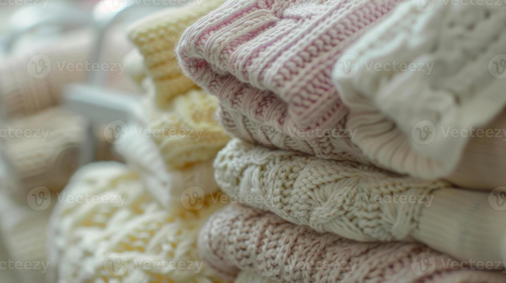 A display of handknitted designer baby clothes featuring soft and delicate yarns suitable for a newborns delicate skin photo