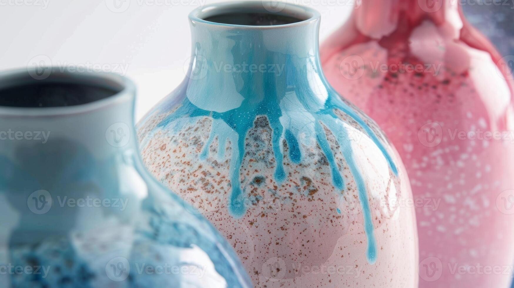 A trio of ceramic vases decorated with a unique drip painting technique adding a fun and modern touch to any room. photo