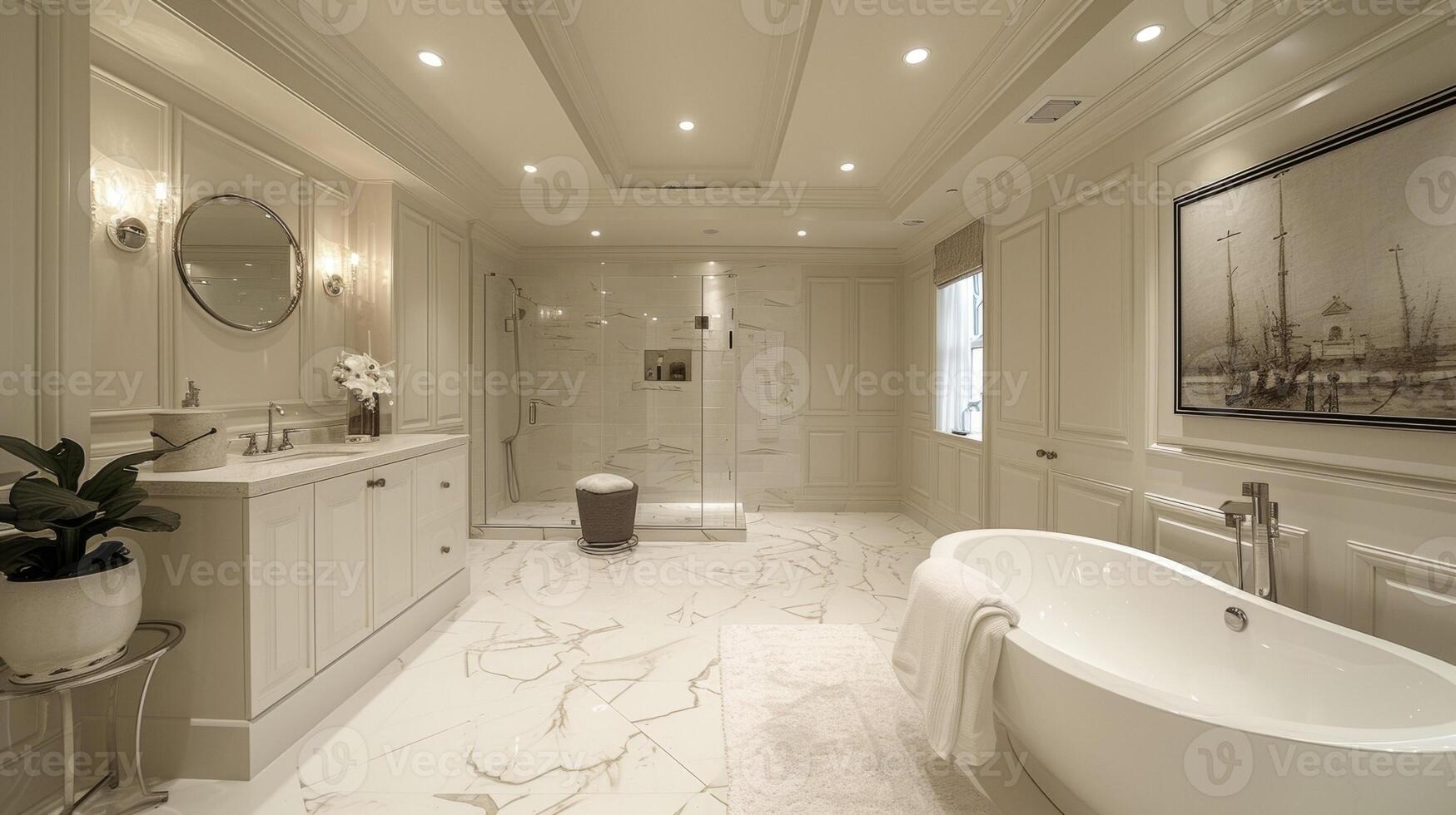 The bathroom is transformed with a unique design of curved ceiling panels paired with bright white crown molding making the small space feel grand and luxurious photo