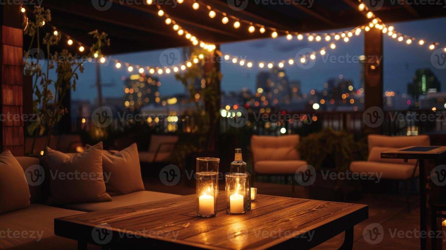 The candlelit rooftop is the perfect spot for a quiet drink after a long day or for letting loose on the dance floor with the city as your backdrop. 2d flat cartoon photo